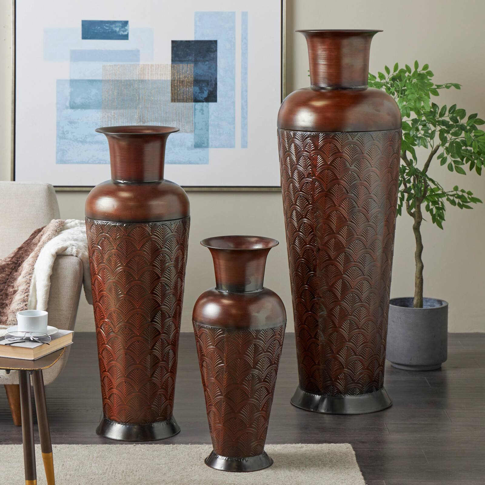 Dark Brown Metal Tall Vase Set with Geometric Designs