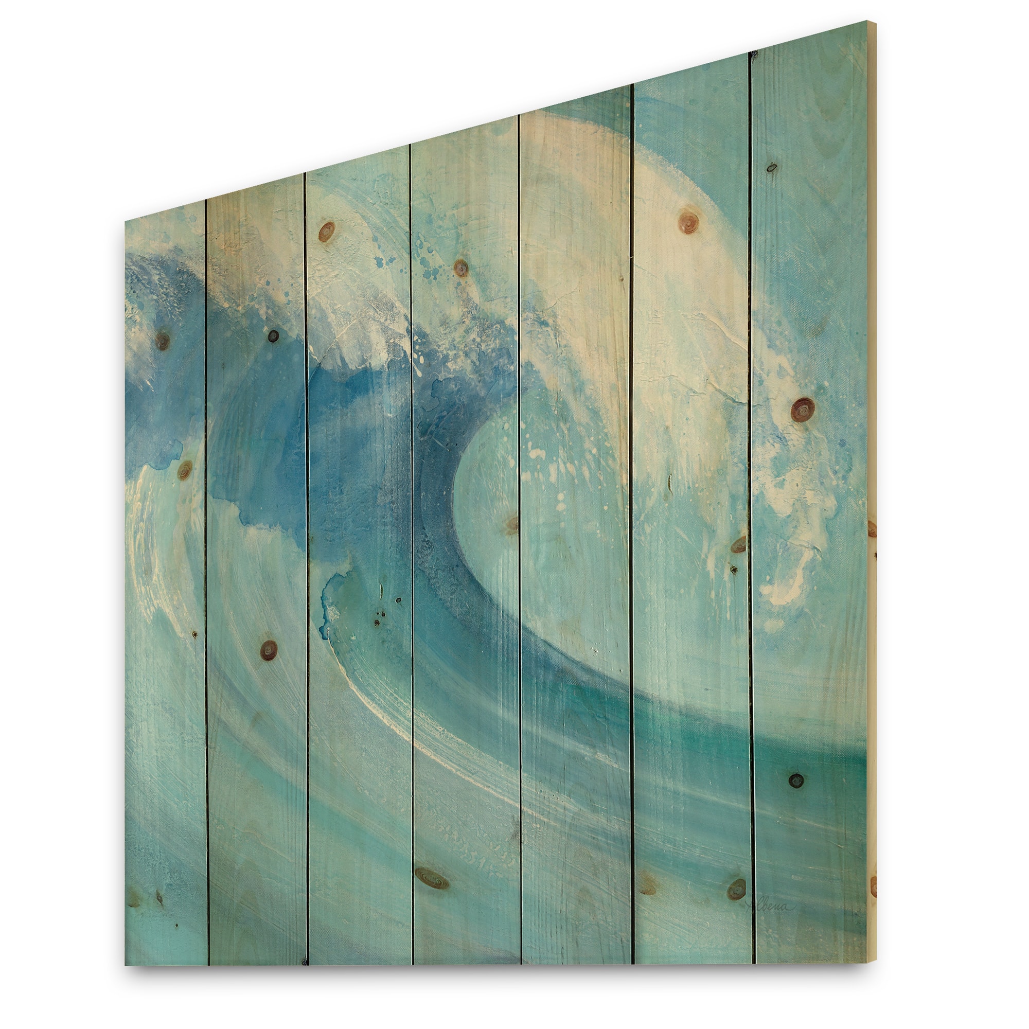 Designart - Ocean Wave Handpainted with White Foam - Nautical &#x26; Coastal Print on Natural Pine Wood