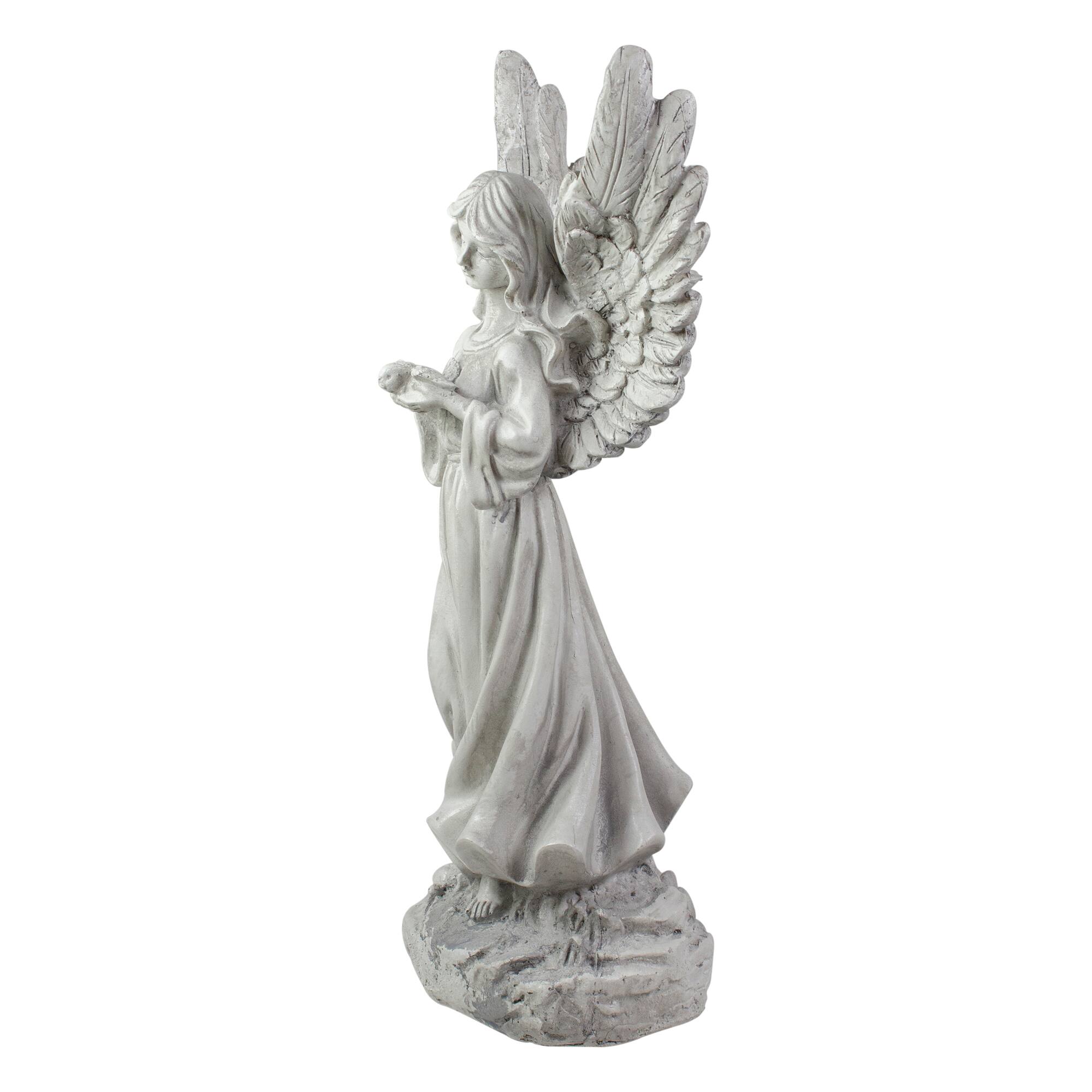 13&#x22; Weathered Gray Serene Angel with Dove Outdoor Garden Statue