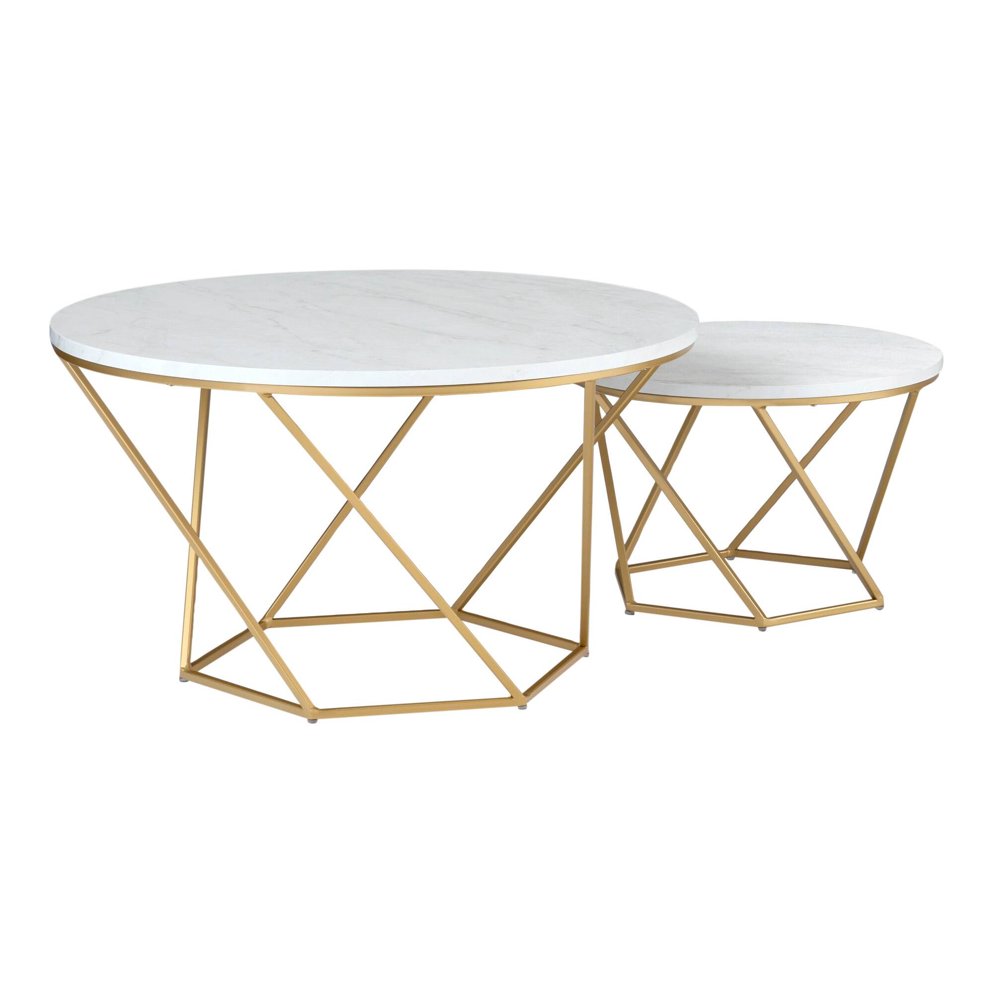 Faux White Marble &#x26; Gold Geometric Modern Nesting Coffee Table Set