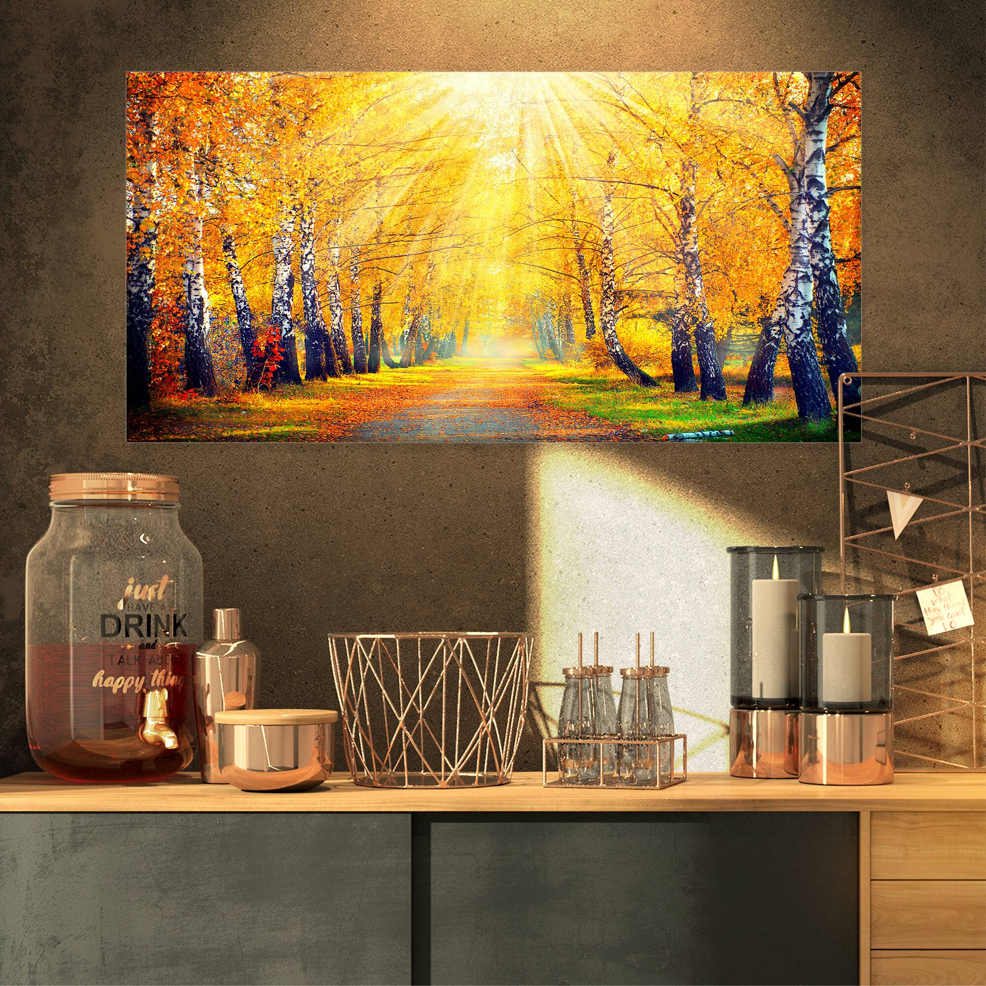 Designart - Yellow Autumn Trees in Sunray - Large Landscape Canvas Art Print