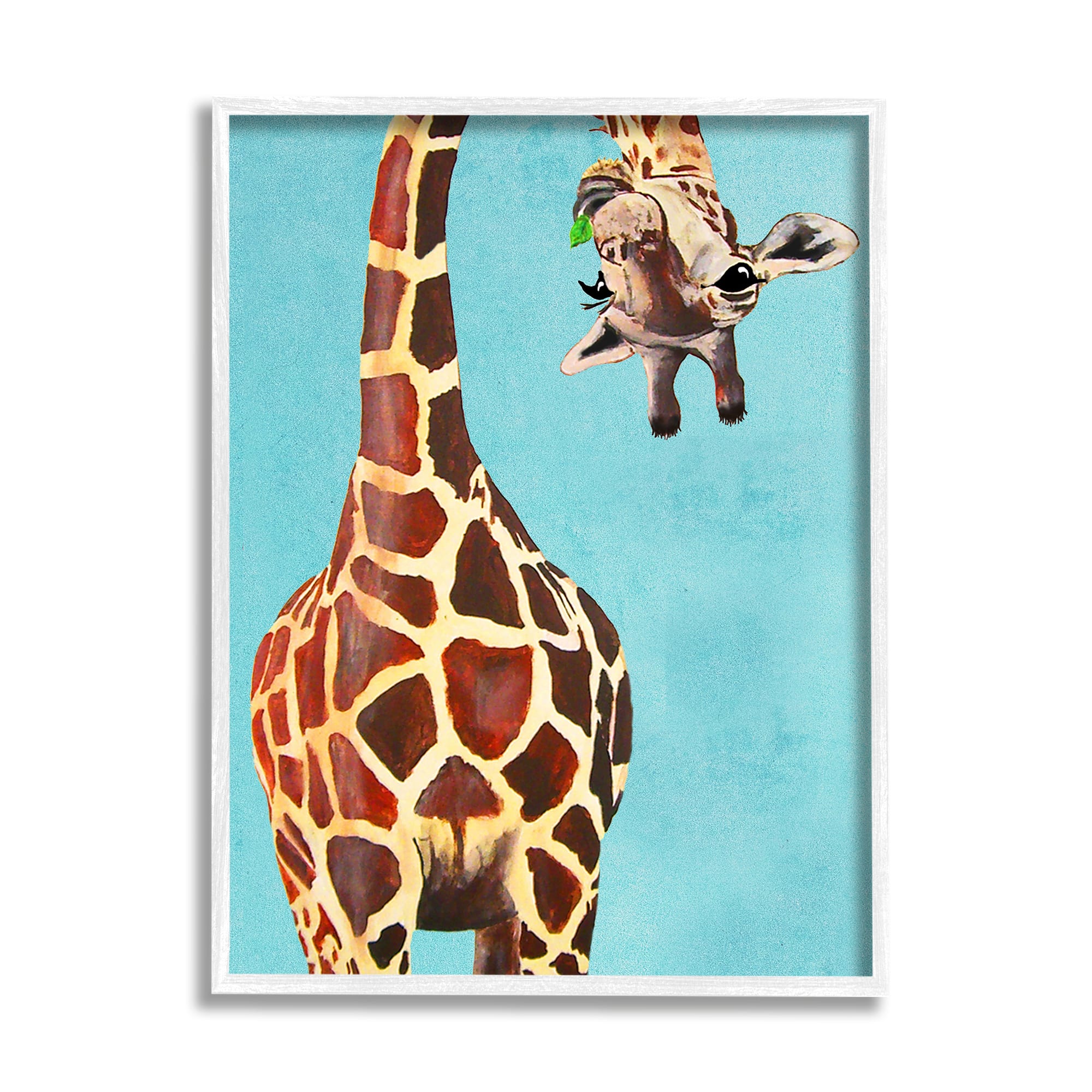 Stupell Industries Curious Upside Down Giraffe Chewing Leaves on Blue Background in White Frame Wall Art