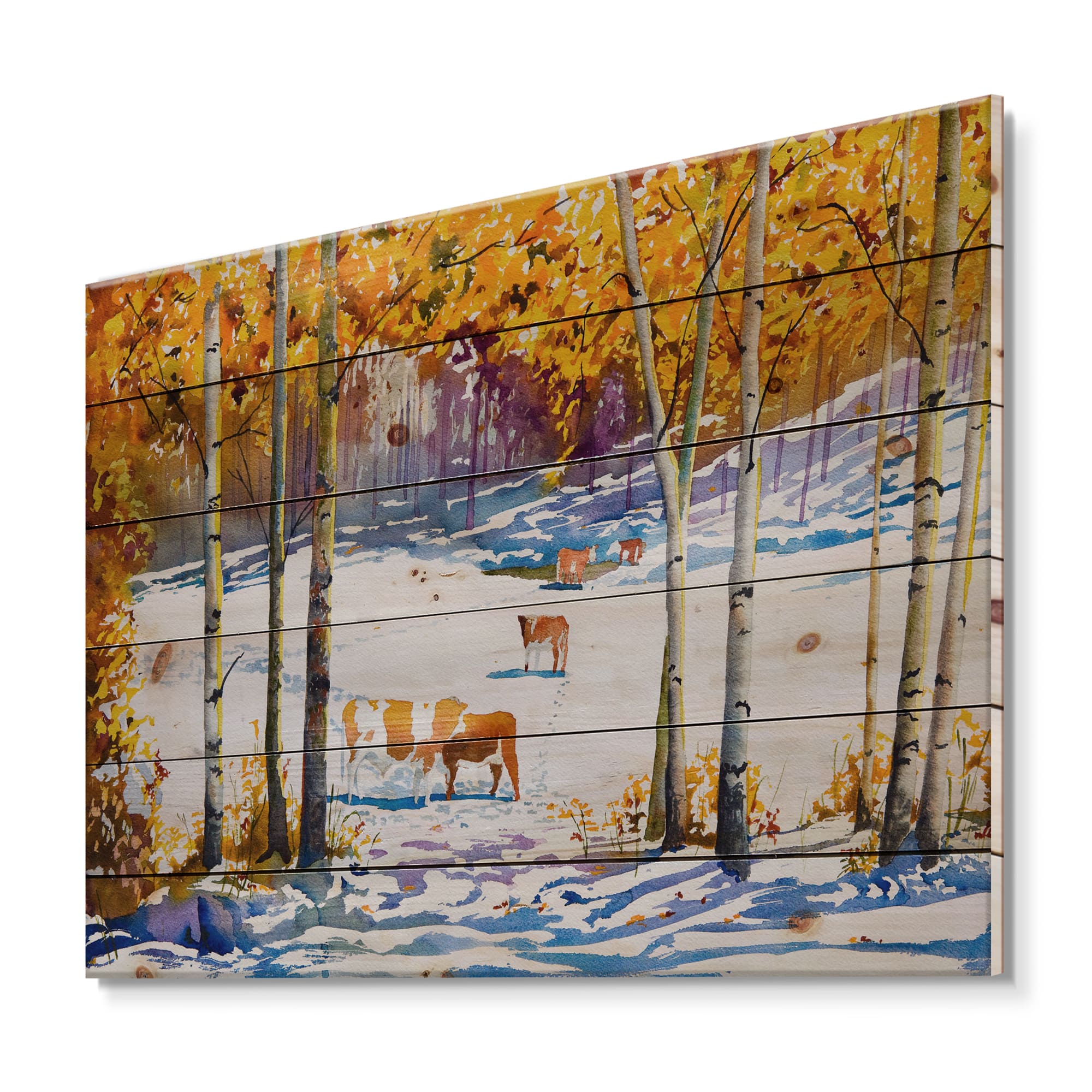 Designart - Cattle In The Early Snow In The Forest - Farmhouse Print on Natural Pine Wood