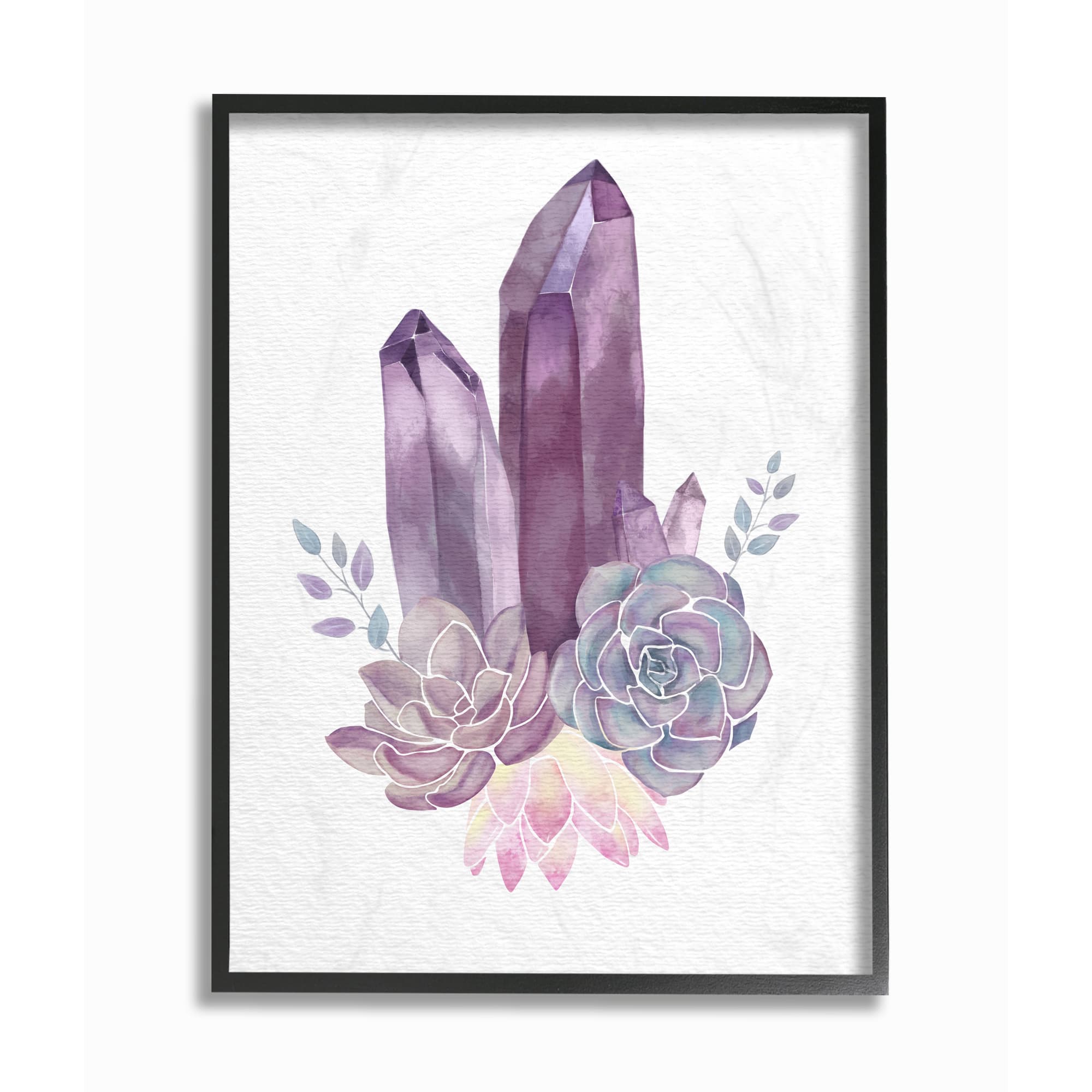 Stupell Industries Succulent Crystal Flower Purple Blue Watercolor Painting in Black Frame Wall Art