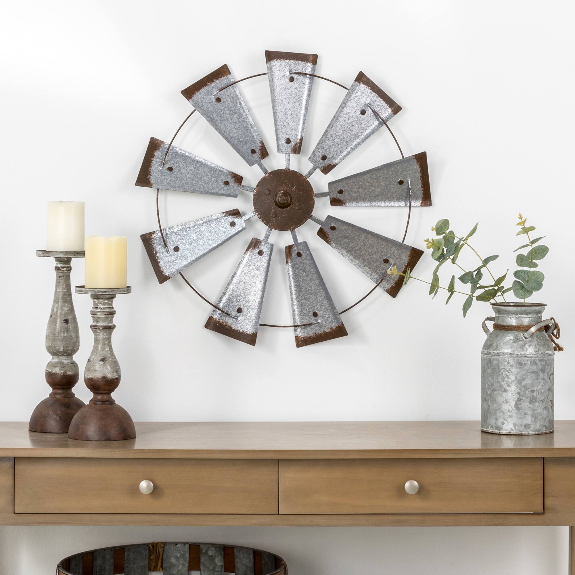 Glitzhome® 22" Farmhouse Metal Galvanized Wind Spinner Wall Décor