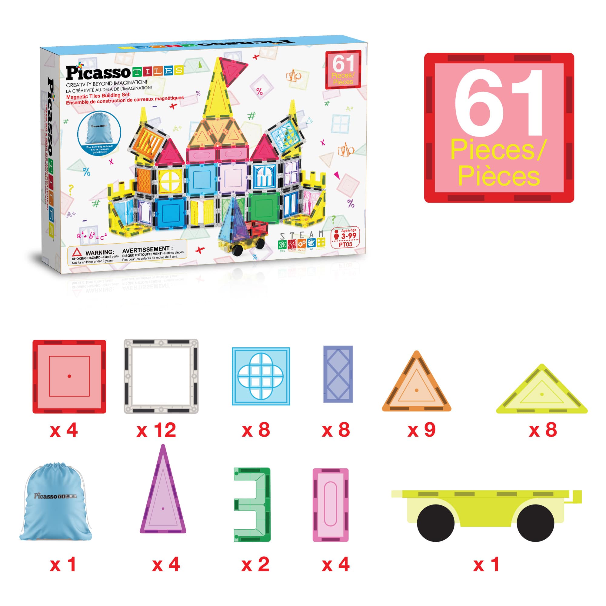 PicassoTiles 61-Piece Magnetic Tile Set with Windows &#x26; Doors
