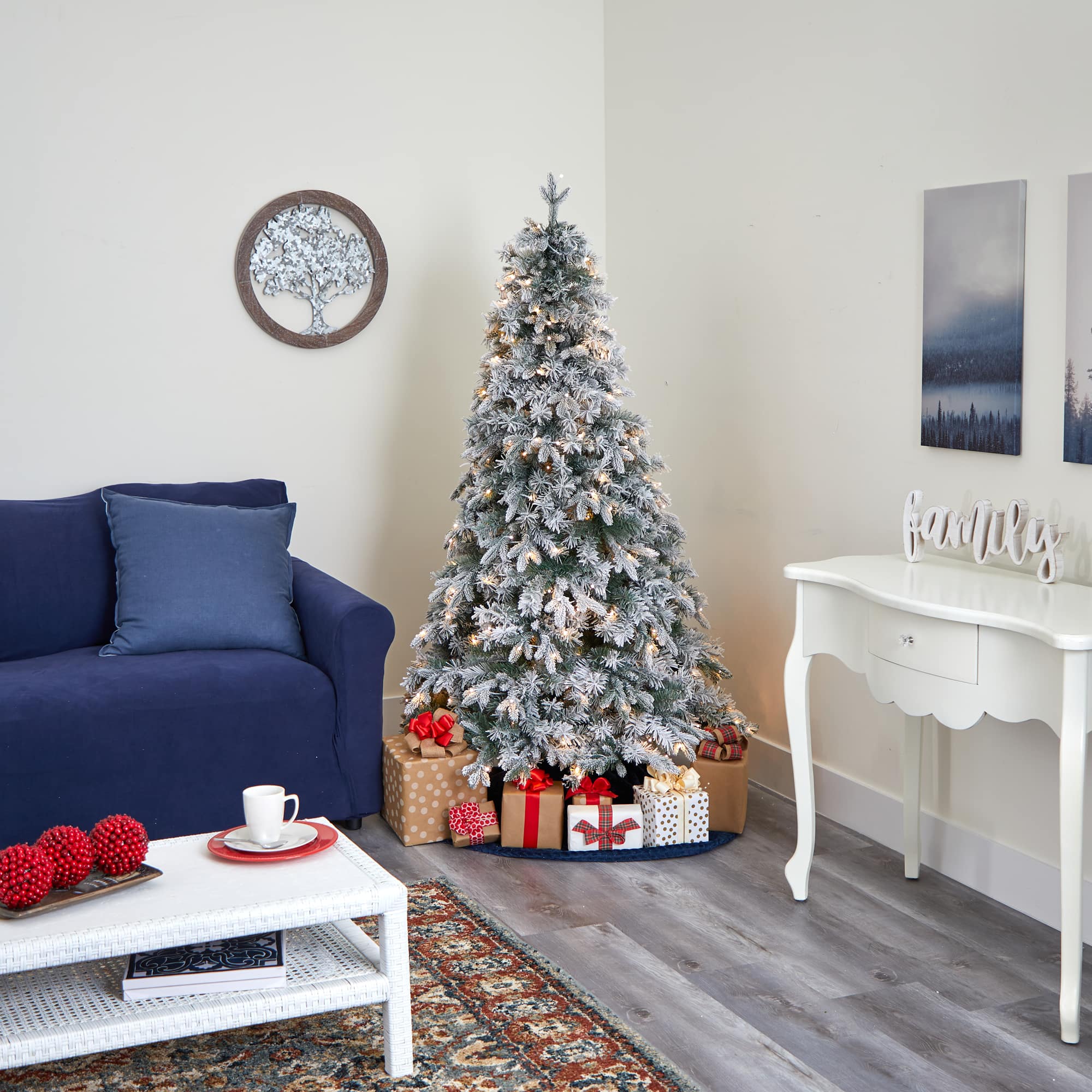 5ft. Pre-Lit Flocked Vermont Mixed Pine Artificial Christmas Tree, Clear LED Lights