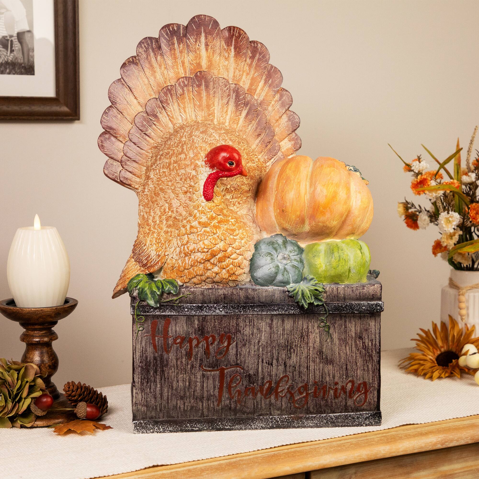 20" Turkey & Pumpkins Happy Thanksgiving Decoration