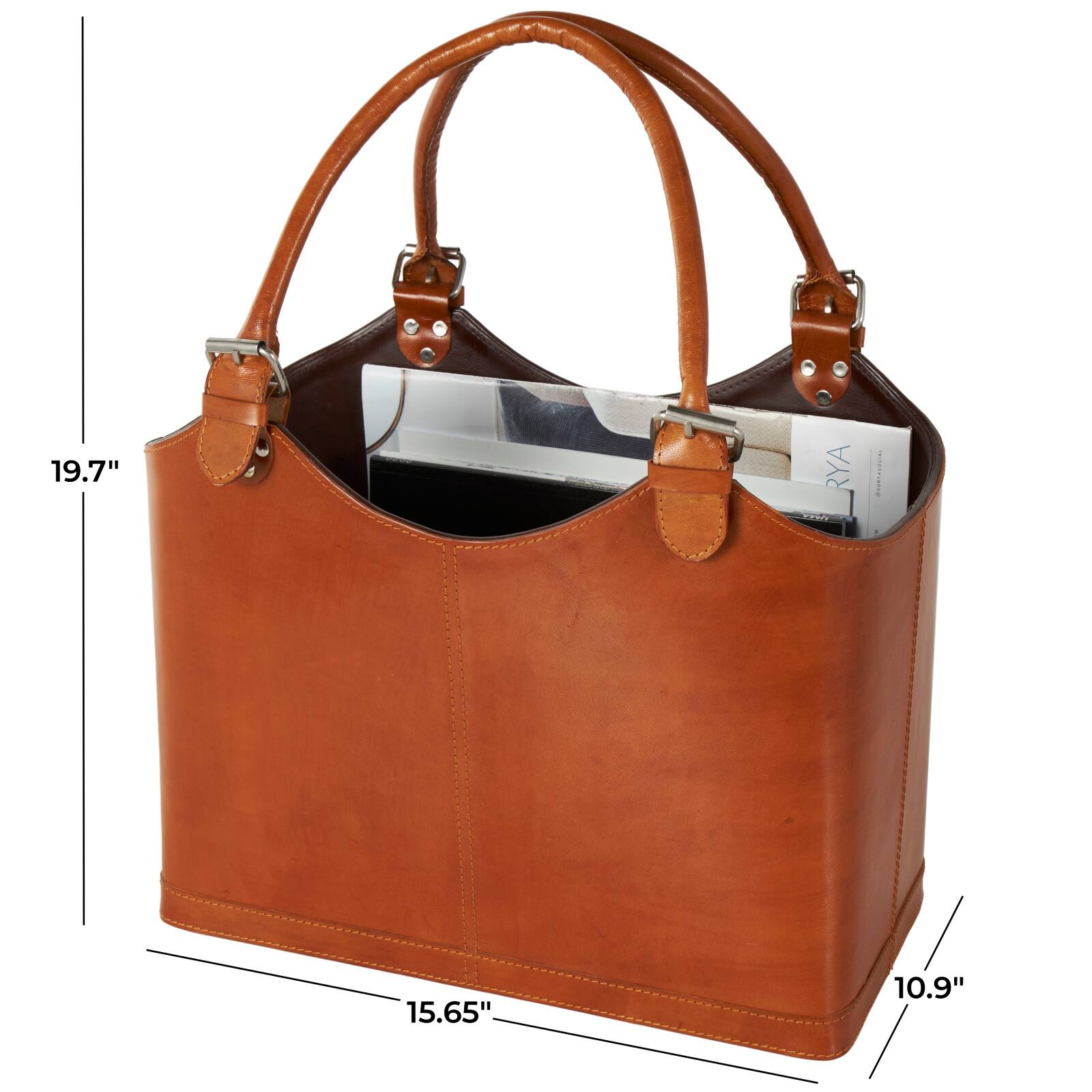 20" Brown Leather Handmade Box Style Single Slot Decorative Magazine Holder with Curved Buckle Handles