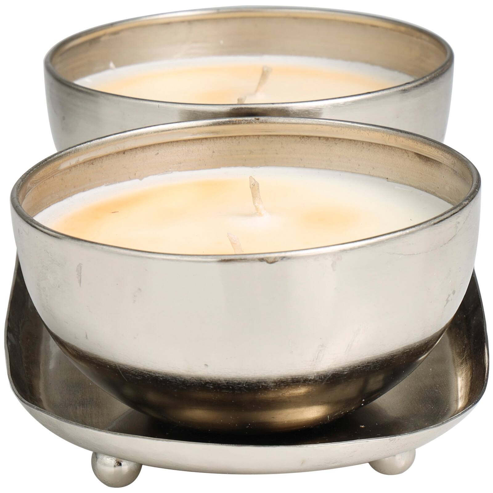 Jasmine Scented 2-Wick Candles in Silver Bowls Set