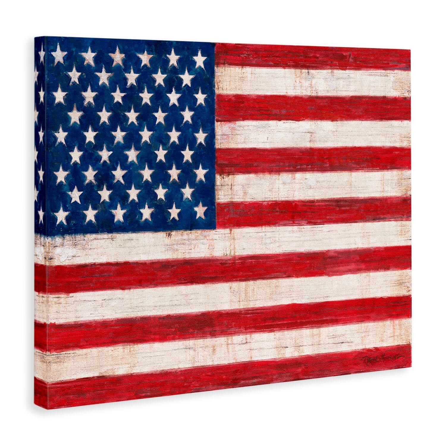 Stupell Industries Rustic American Flag Red White Blue Distressed Pattern Canvas Wall Art