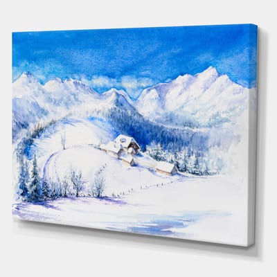 Designart - Winter Mountain Landscape With Wooden House - Traditional Canvas Wall Art Print in Blue | 20" x 12" | Michaels&reg;