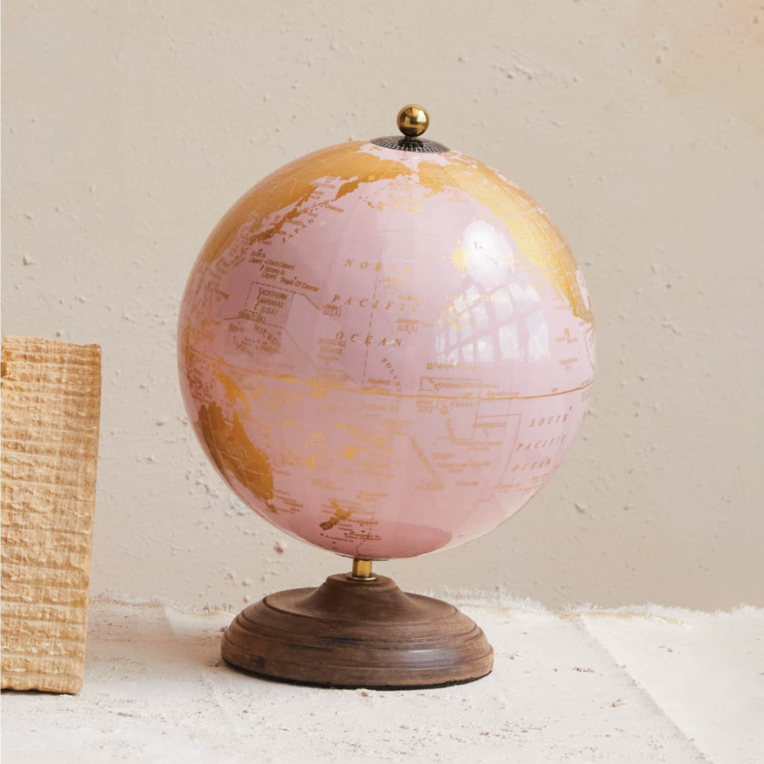 Hello Honey&#xAE; 10.75&#x22; Pink &#x26; Gold Metal &#x26; Plastic Globe on Natural Mango Wood Stand