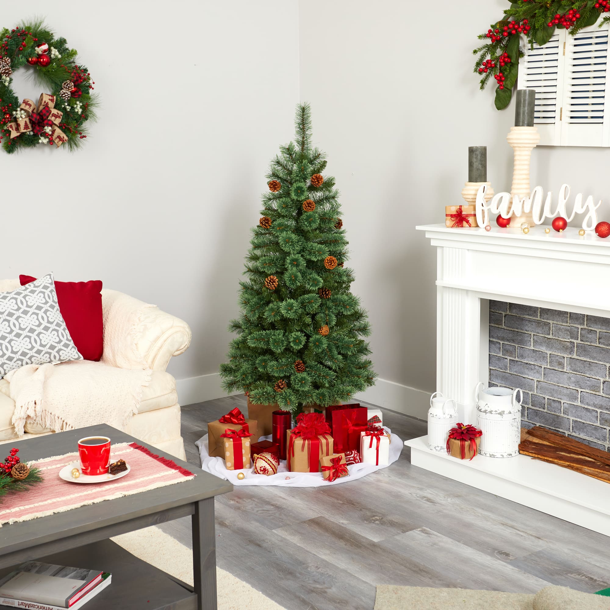 5ft. Pre-Lit White Mountain Pine &#x26; Pinecones Artificial Christmas Tree with Clear LED Lights