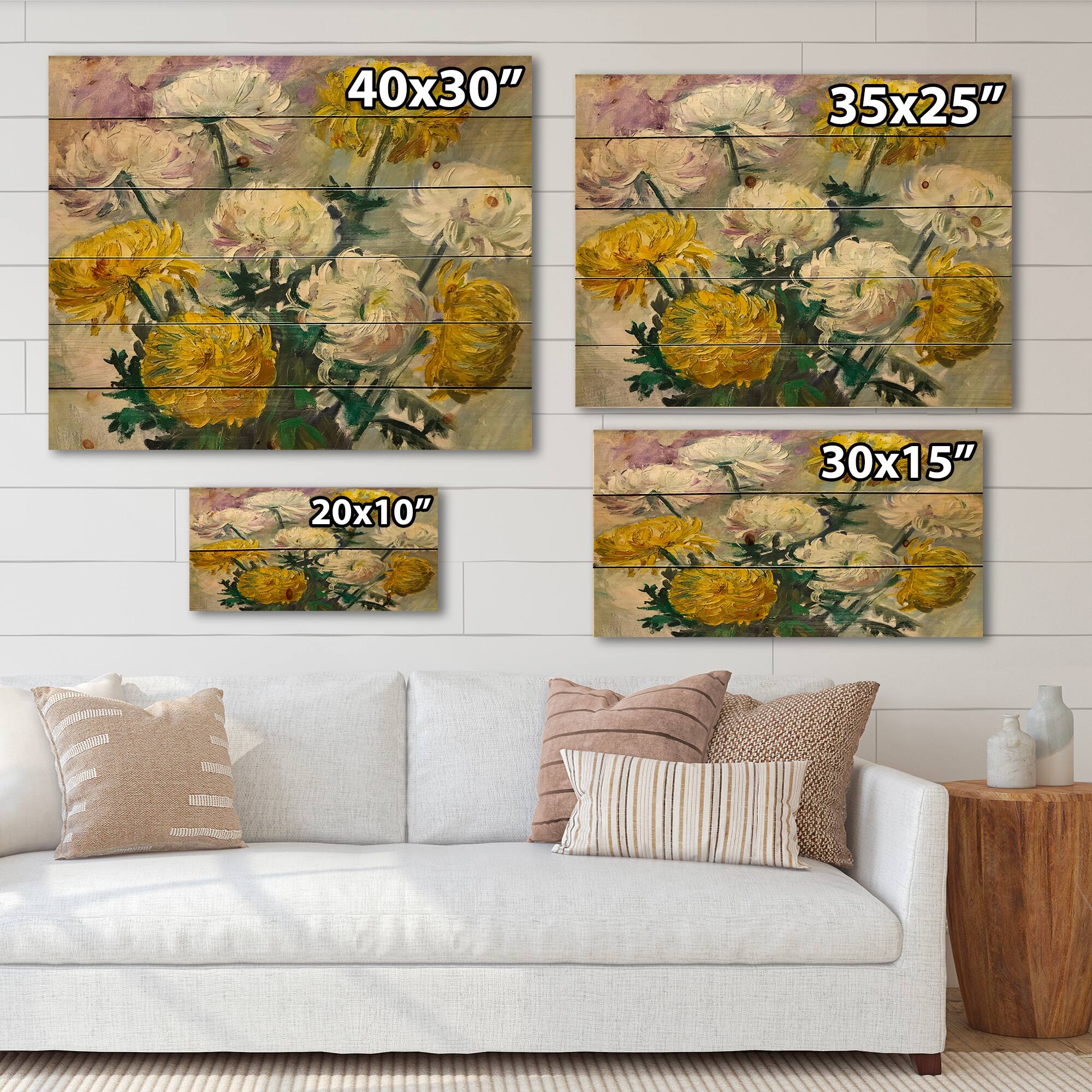 Designart - White and Golden Daisies - Traditional Print on Natural Pine Wood