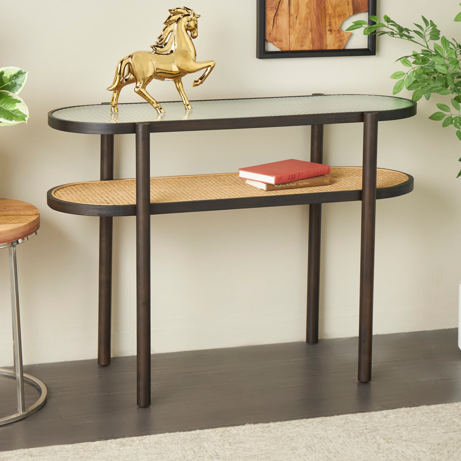 Brown Rattan Console Table with Pressed Tempered Glass Top