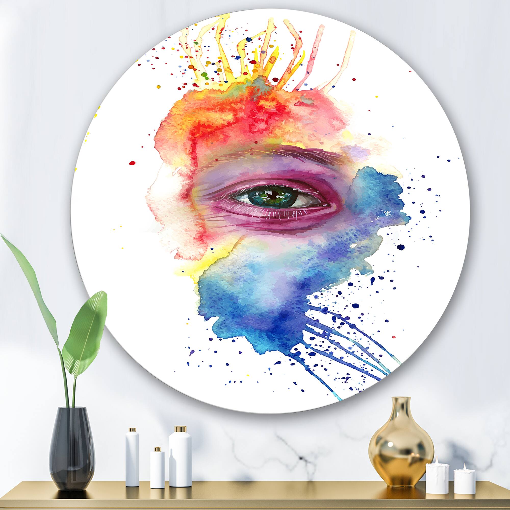 Designart - Detail of Eye In Multi-Colored Face Portrait - Bohemian & Eclectic Metal Circle Wall Art