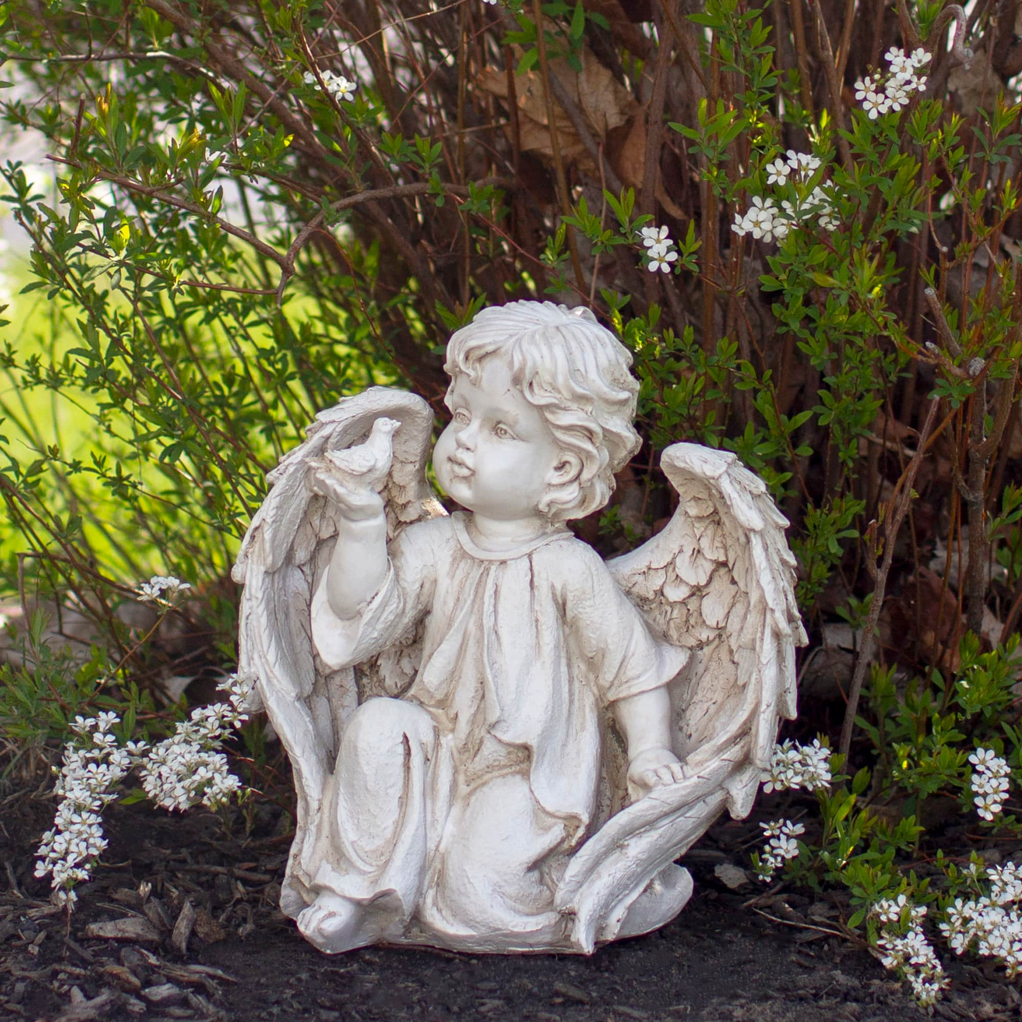 10&#x22; Ivory Cherub Angel on Knee with Dove Garden Statue