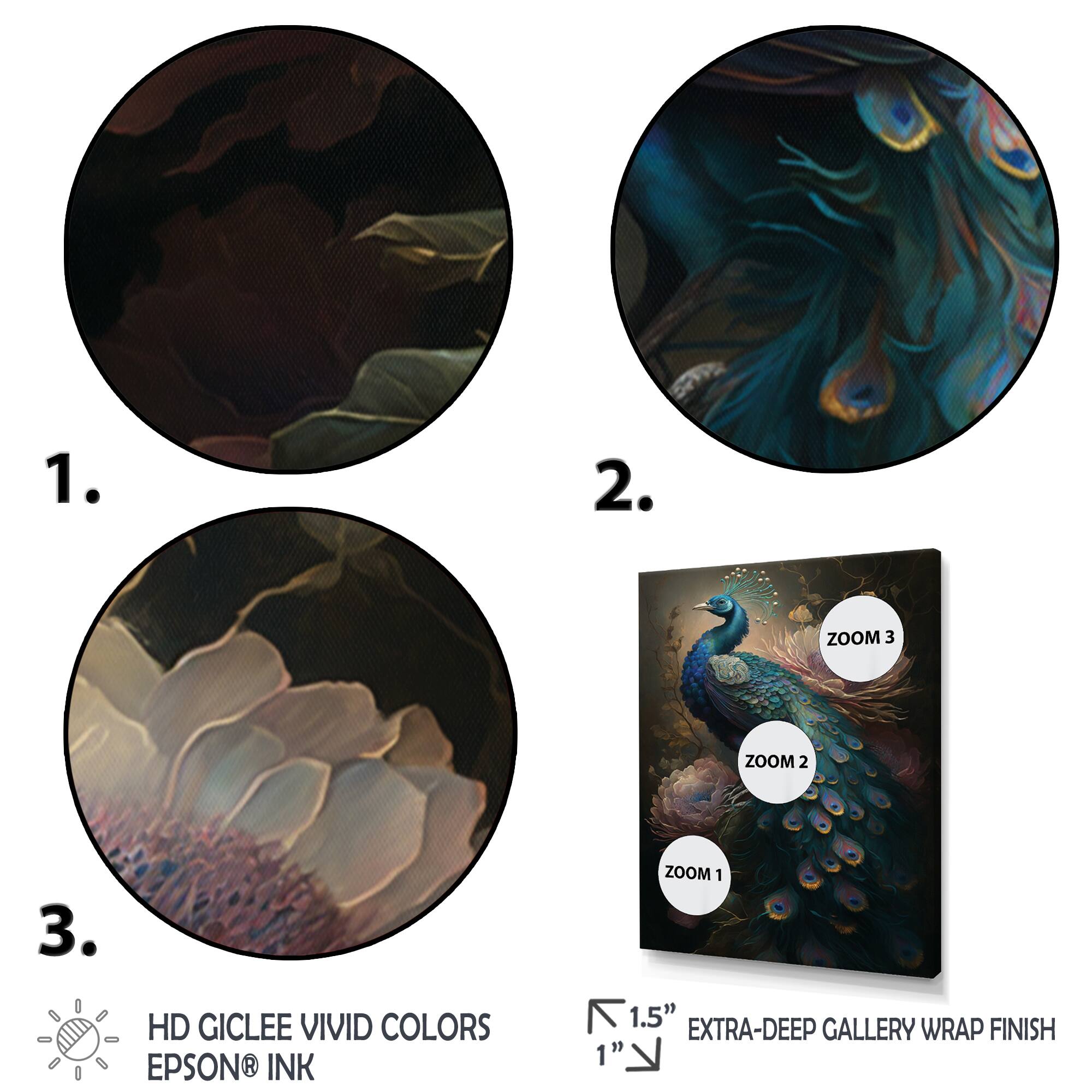 Designart 'Peacock With Flowers' Animals Framed Canvas Wall Art