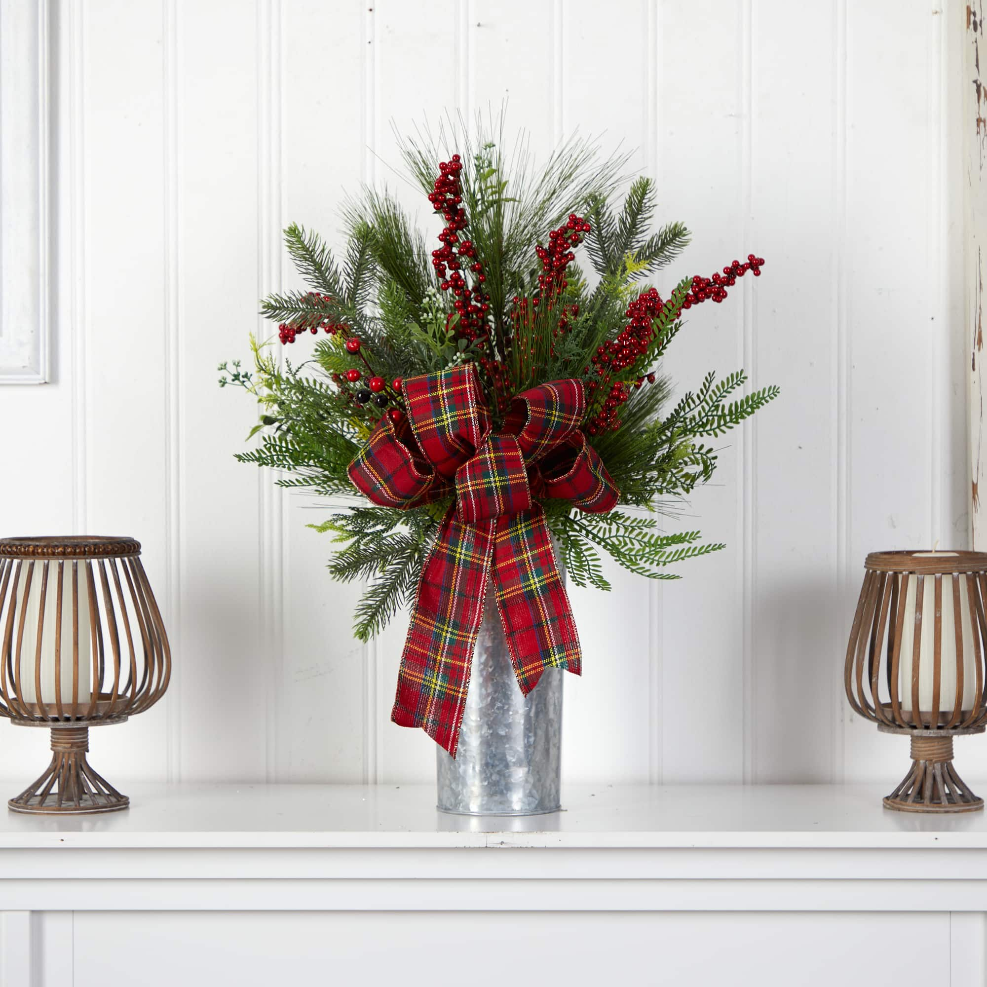 28&#x22; Holiday Winter Greenery, Berries &#x26; Plaid Bow Artificial Christmas Arrangement