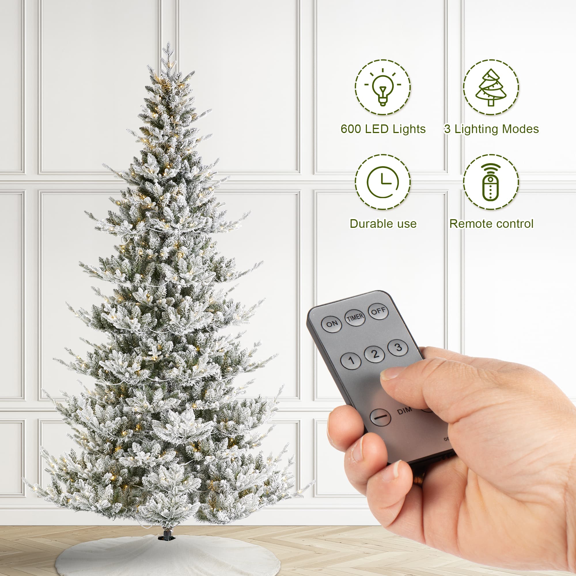 Glitzhome® 9ft Pre-Lit Flocked Upward Slim Fir Artificial Christmas Tree, Warm White LED Lights