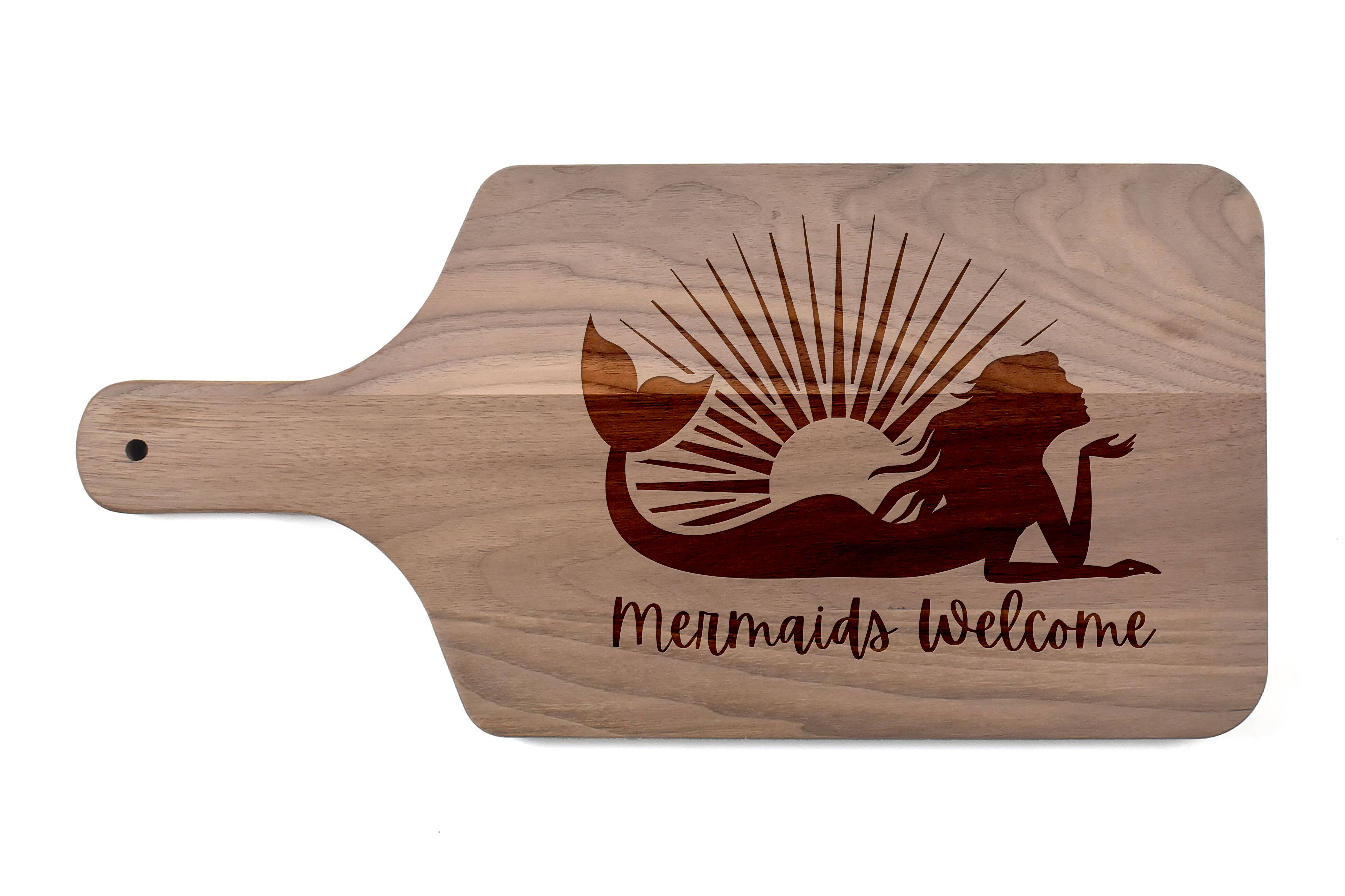 17" Mermaids Welcome Walnut Wood Paddle Cutting Board