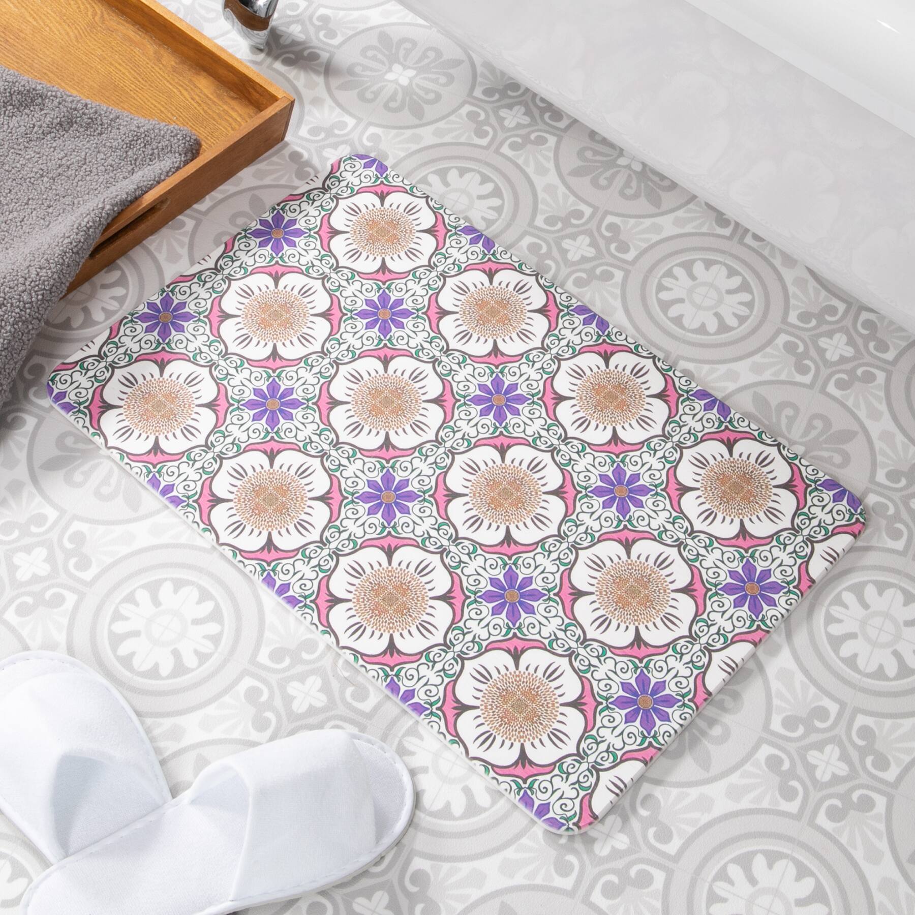 Artsy Mats Purple Flower White Stone Non-Slip Bath Mat