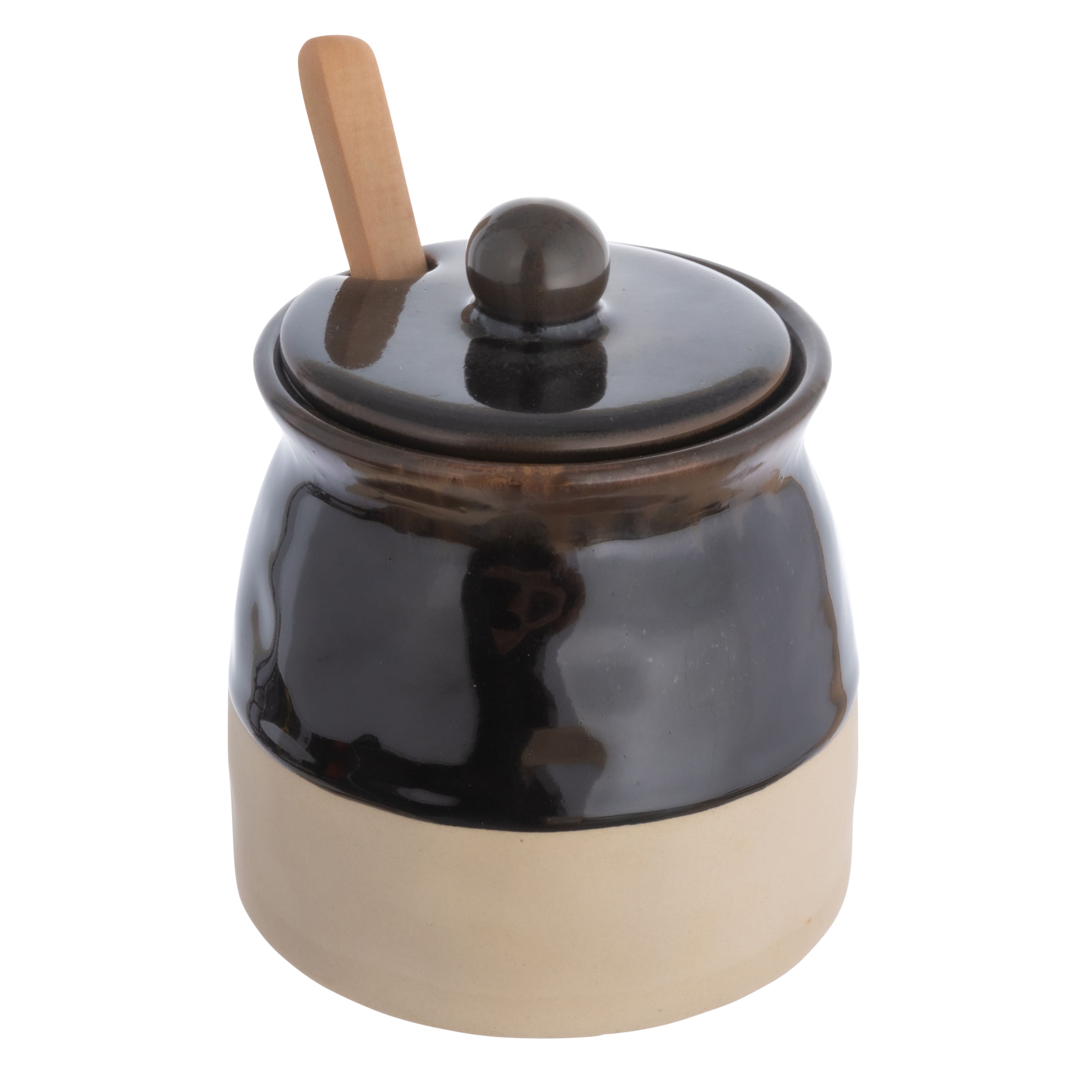 Black Stoneware Sugar Pot with Lid &#x26; Wood Spoon