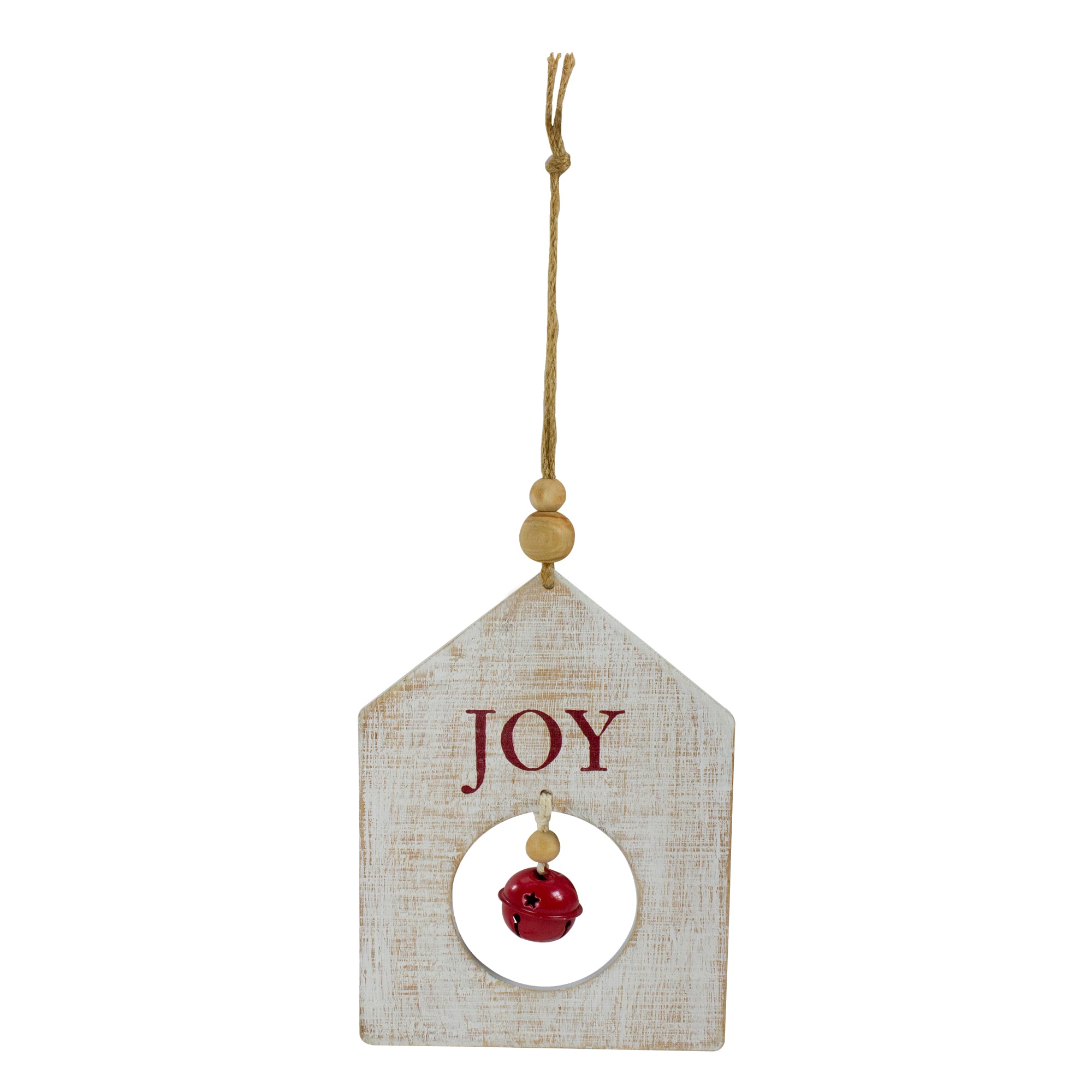Rustic Wooden "JOY" with Bell Christmas Tag Ornament - 8" - Red and White