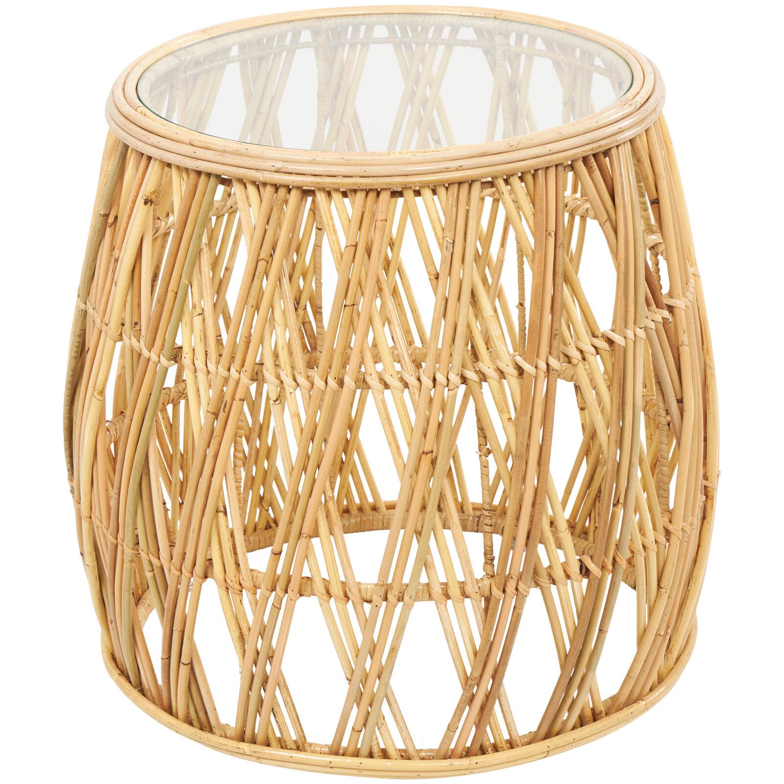22" Brown Rattan Handmade Woven Geometric Accent Table with Glass Top