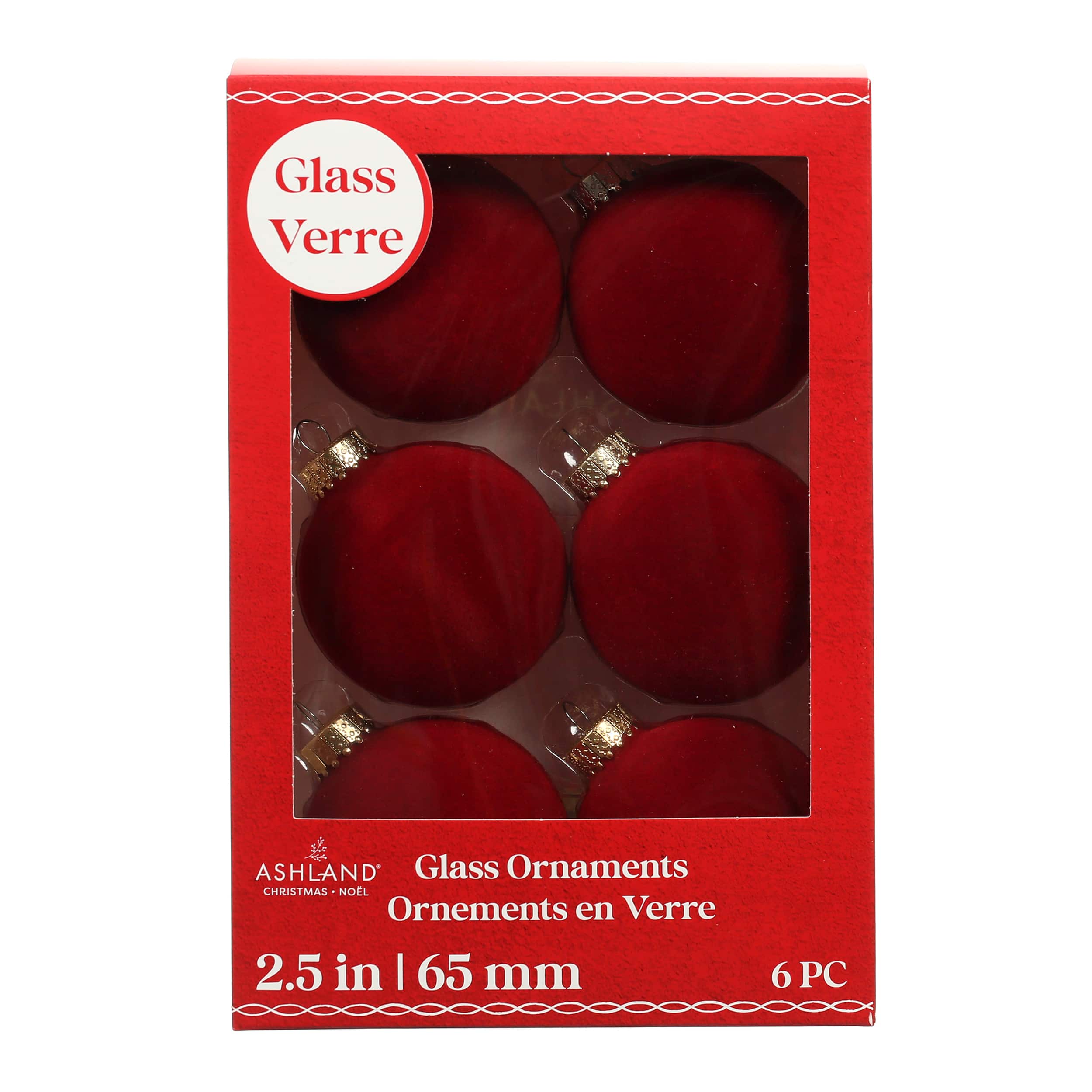 6 Pack 2.5&#x22; Dark Red Flocked Glass Ball Ornaments by Ashland&#xAE;