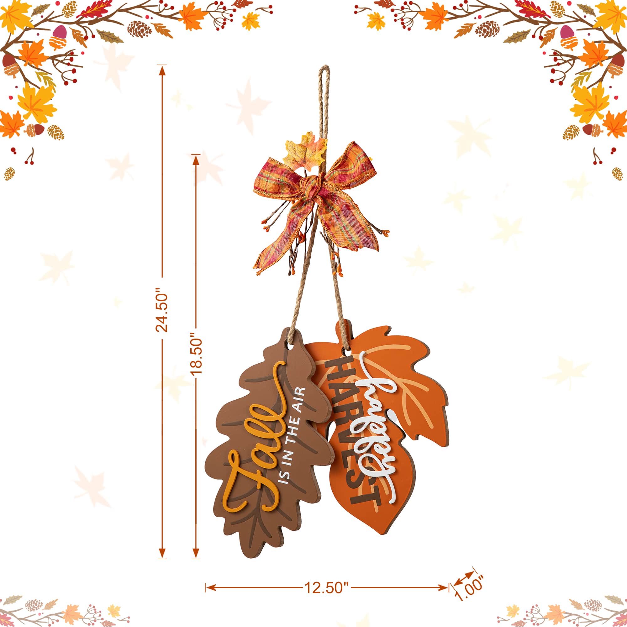 Glitzhome&#xAE; 24.5&#x22; Fall Wood Maple Leaves with Bowknot Door Hanger