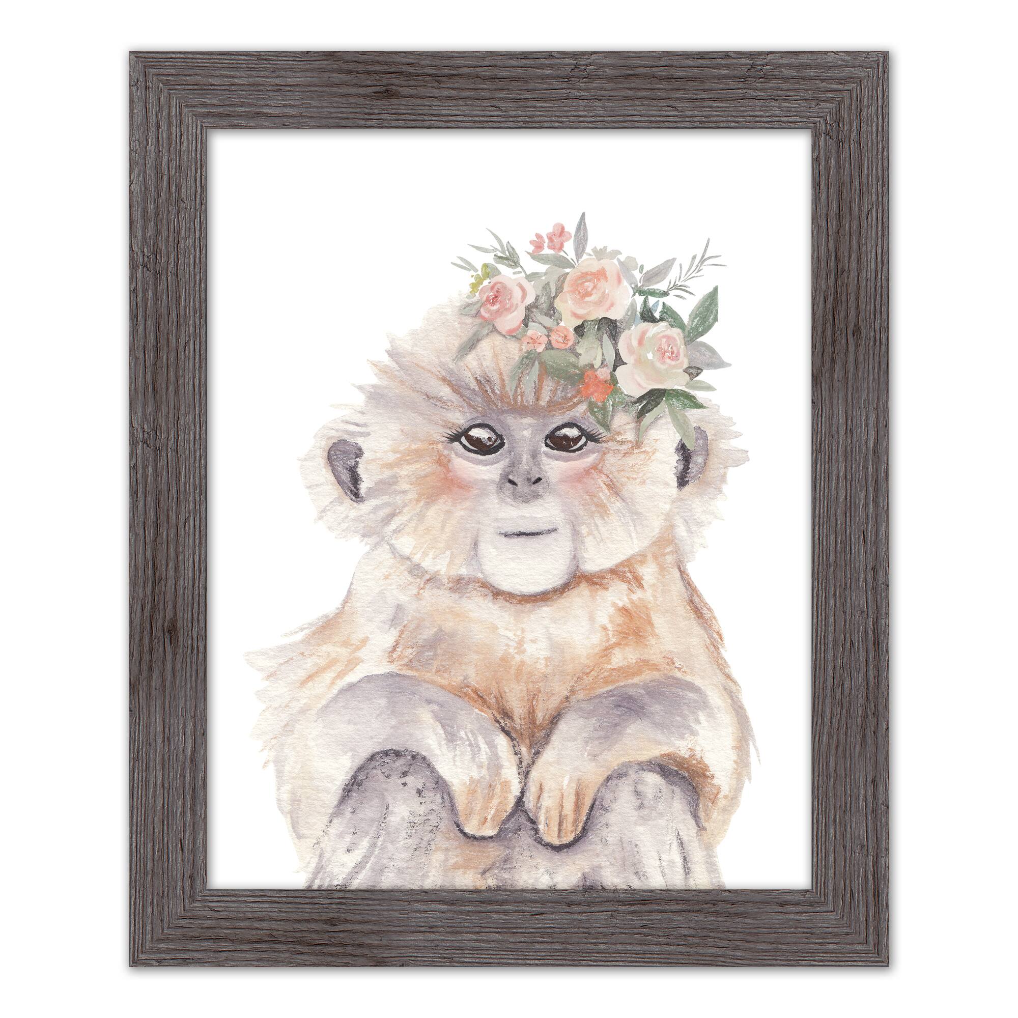 Floral Headpiece Monkey Framed Print Wall Hanging