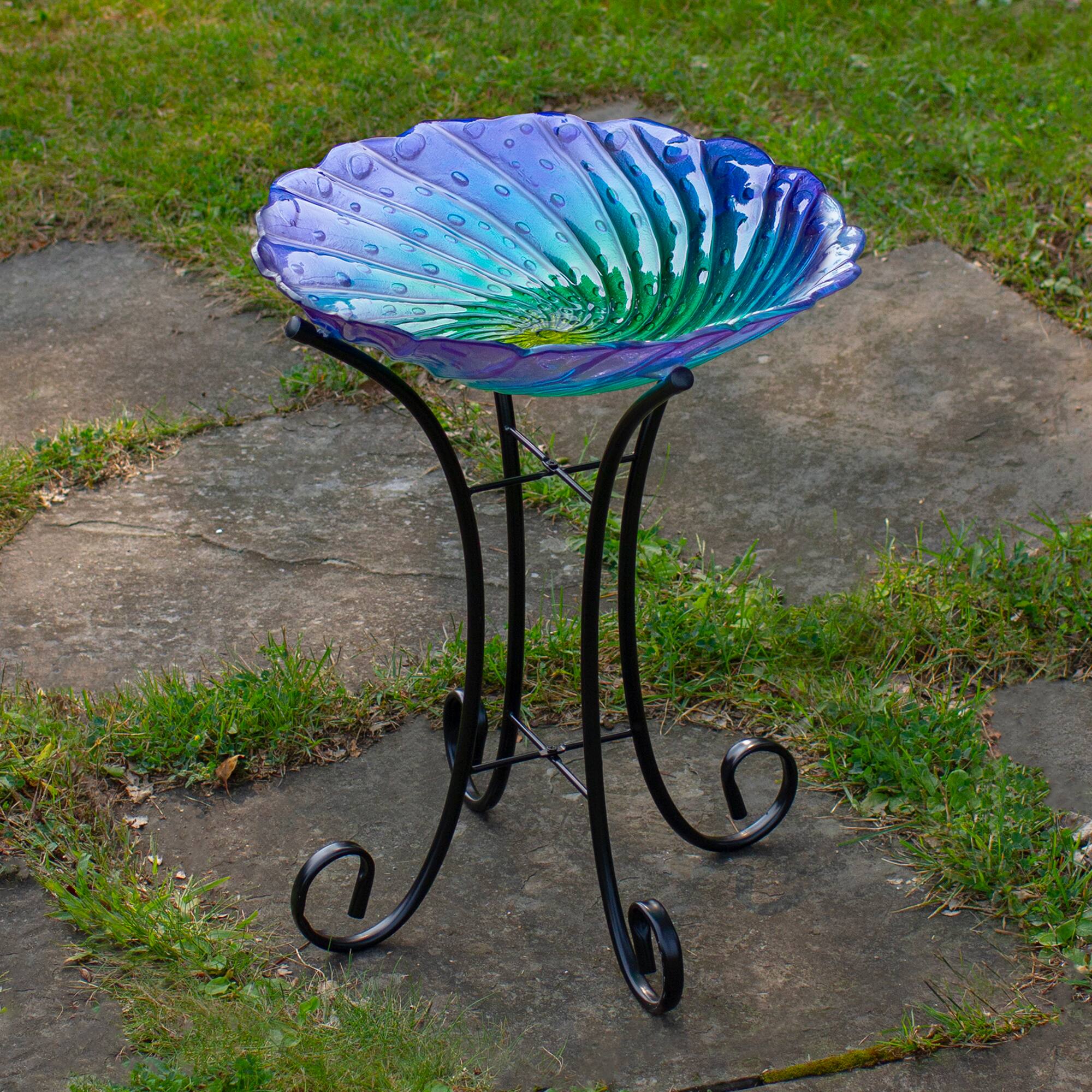 18&#x22; Purple &#x26; Green Swirled Hand Painted Glass Outdoor Birdbath