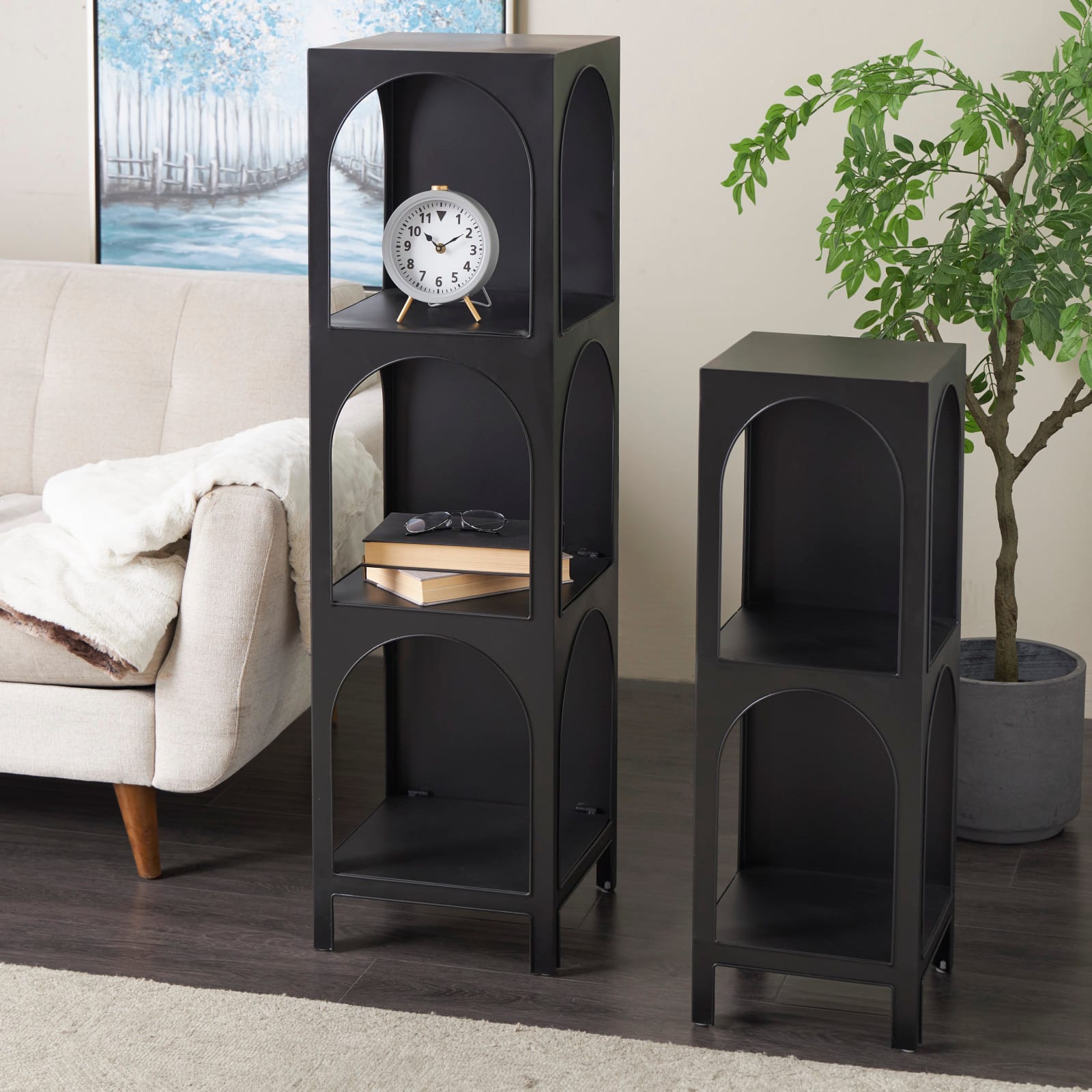 Black Metal 2 & 3 Shelf Storage Shelving Unit with Arched Openings, 2ct.