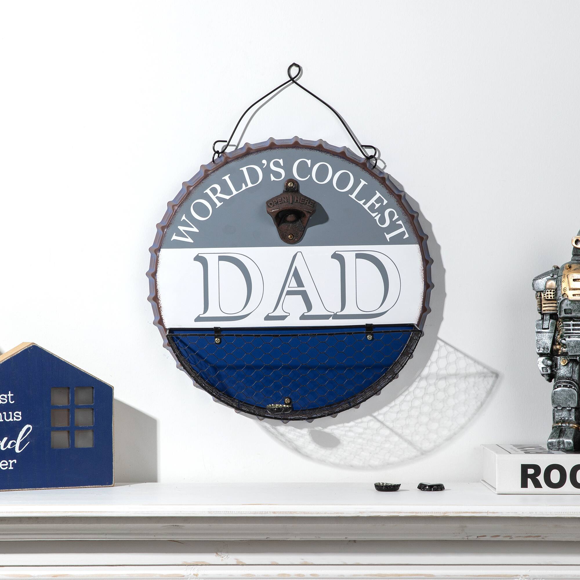 Glitzhome&#xAE; 13&#x22; Father&#x27;s Day Metal Bottle Cap Bottle Opener Wall Sign &#x26; Organizer
