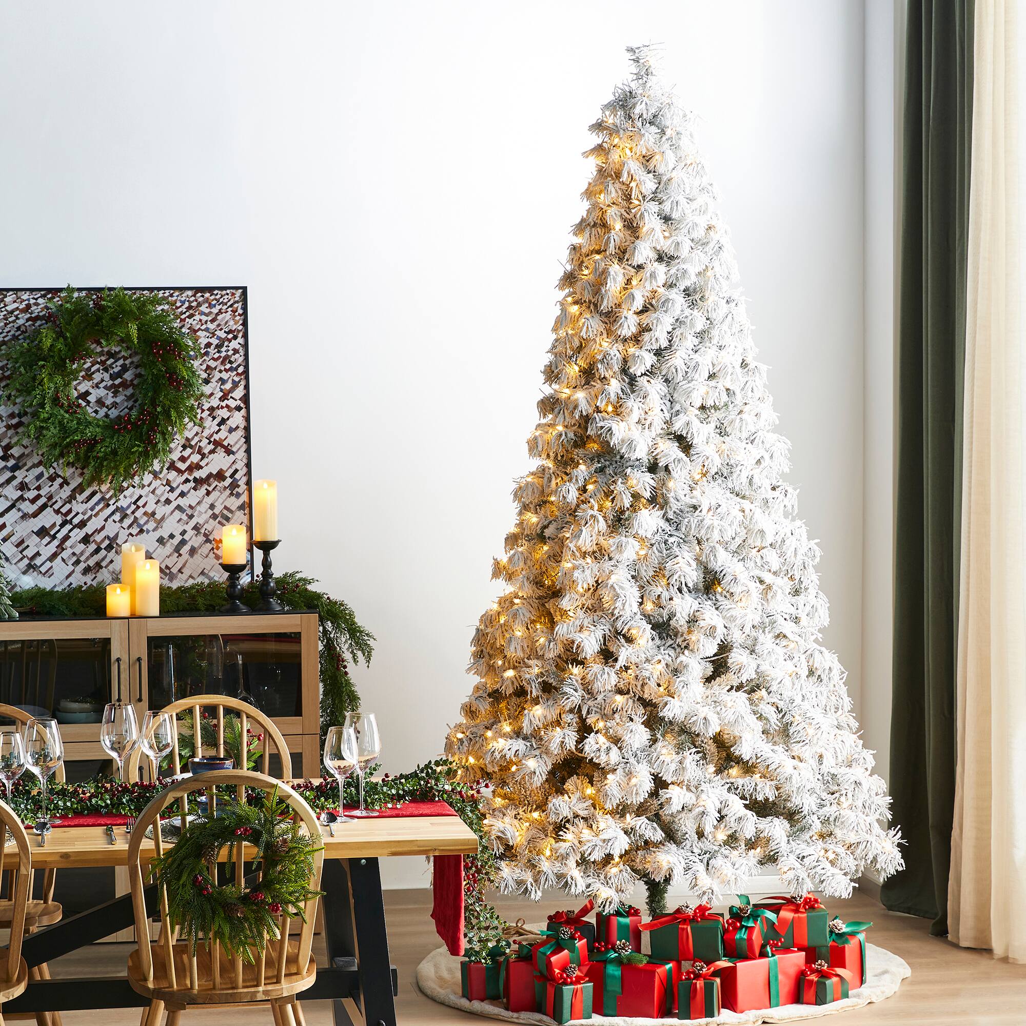 Glitzhome® 9ft Pre-Lit Flocked Full Spruce Artificial Christmas Tree, Warm White LED Lights