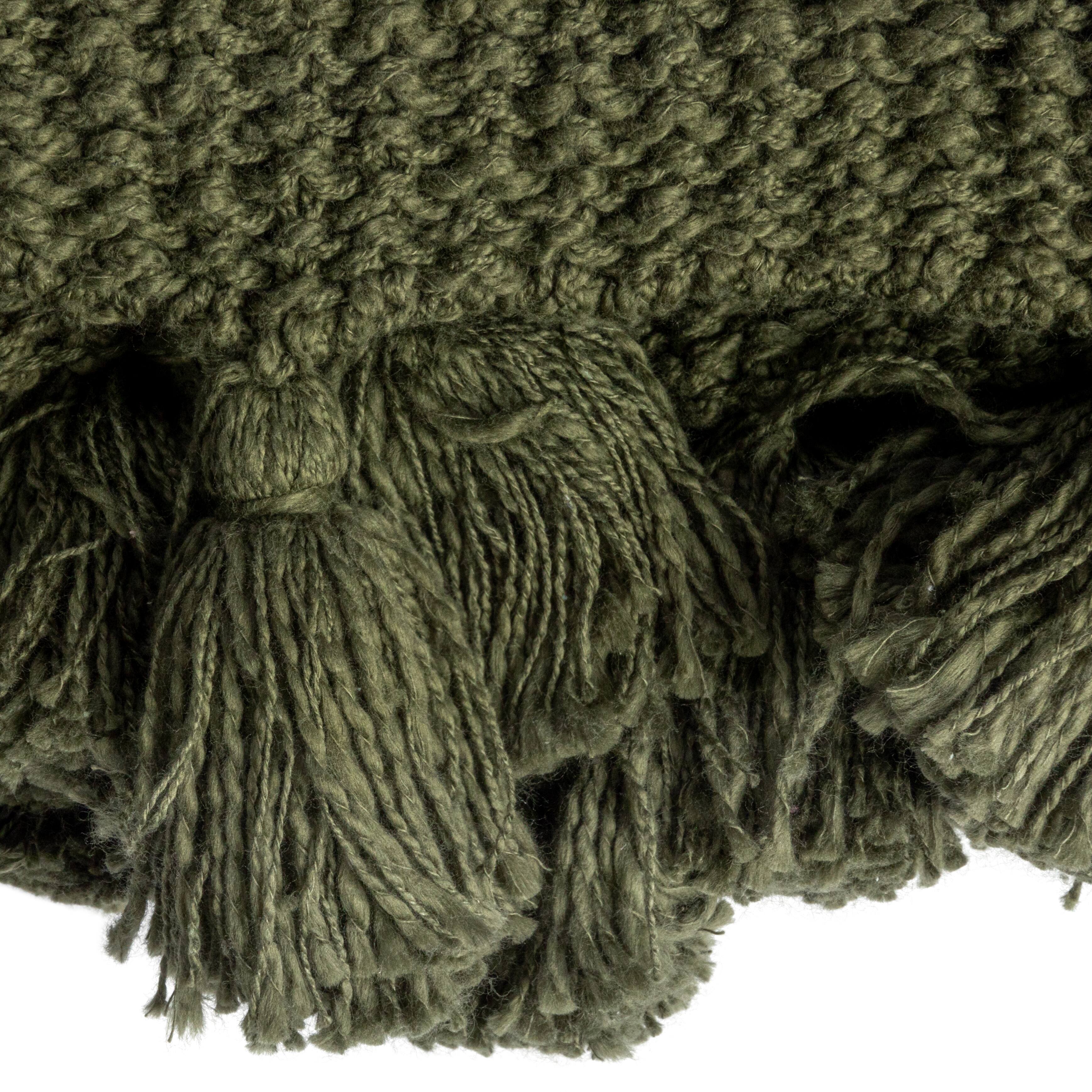 Olive Green Knit Throw Blanket with Tassels