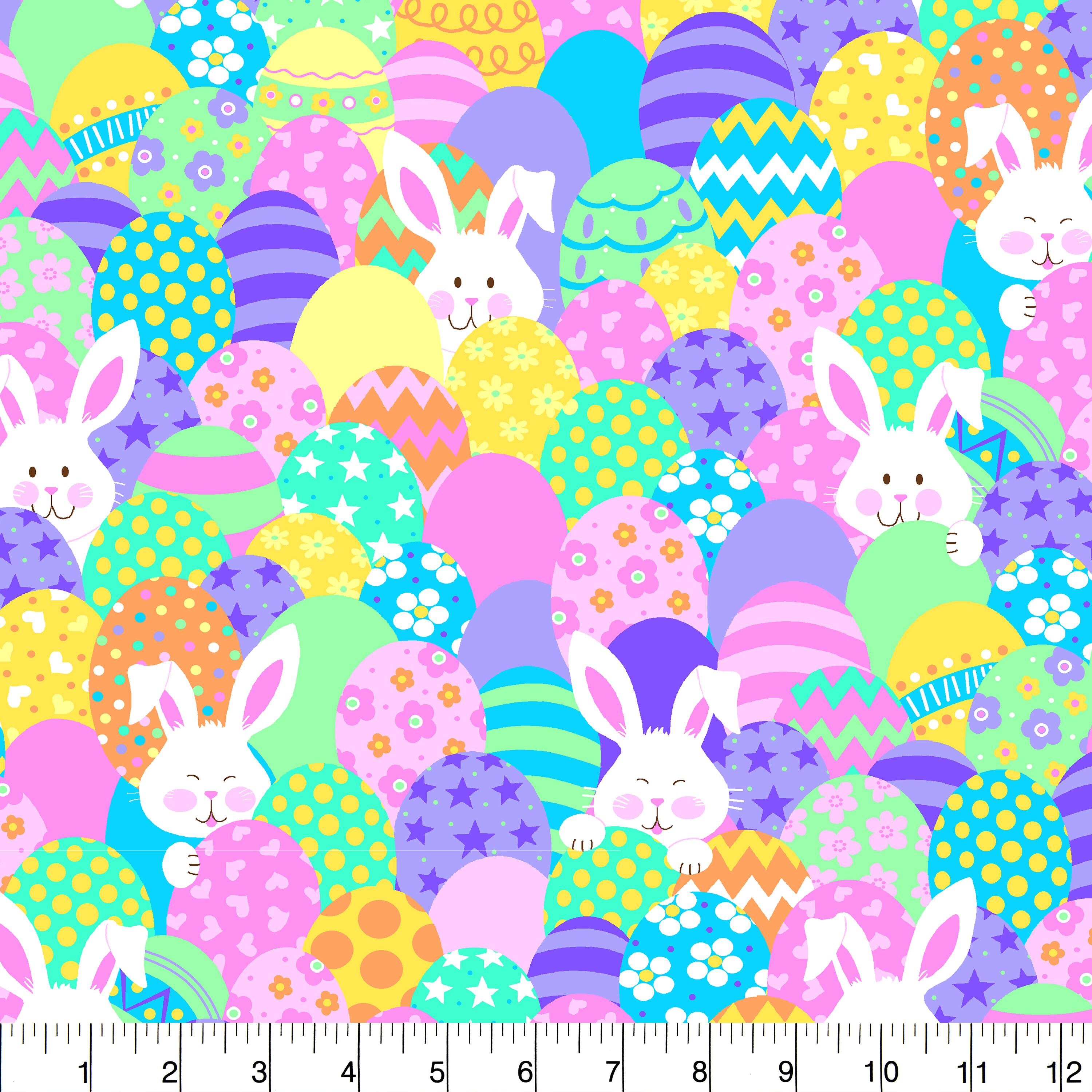 Easter Stacked Bunnies &#x26; Eggs Glitter Cotton Fabric