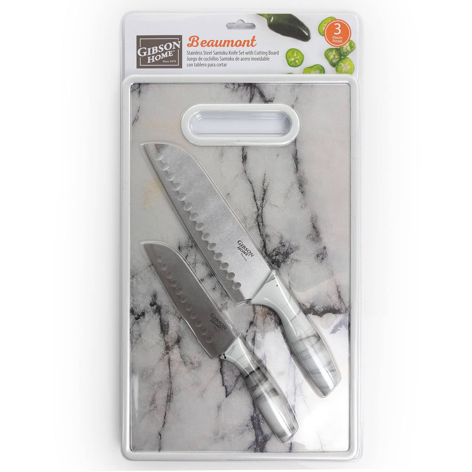 Gibson Home Beaumont 3 Piece Stainless Steel Santoku Knife Set With Cutting  Board In White Marble : Target