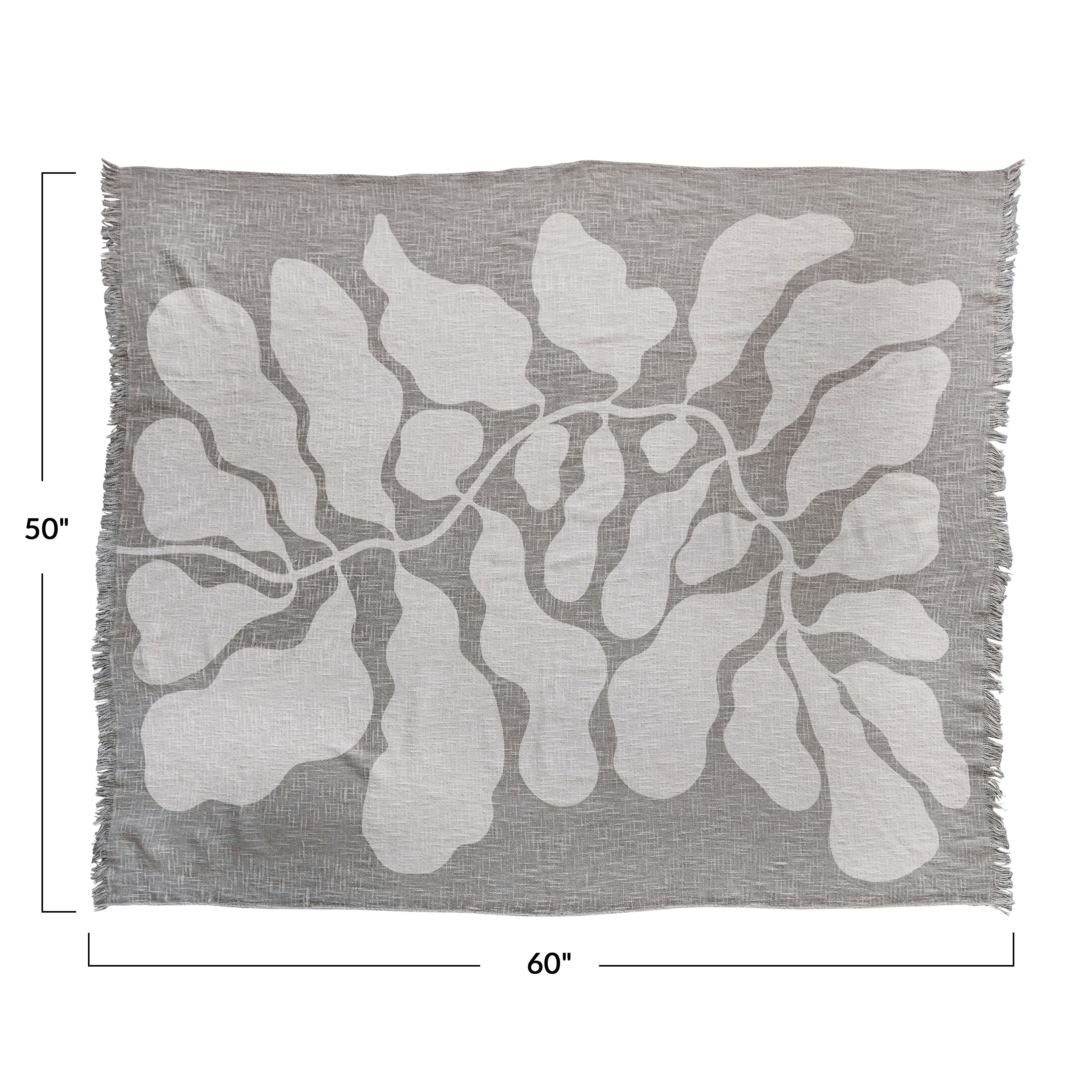 Tan Botanical Print &#x26; Fringe Cotton Slub Throw Blanket