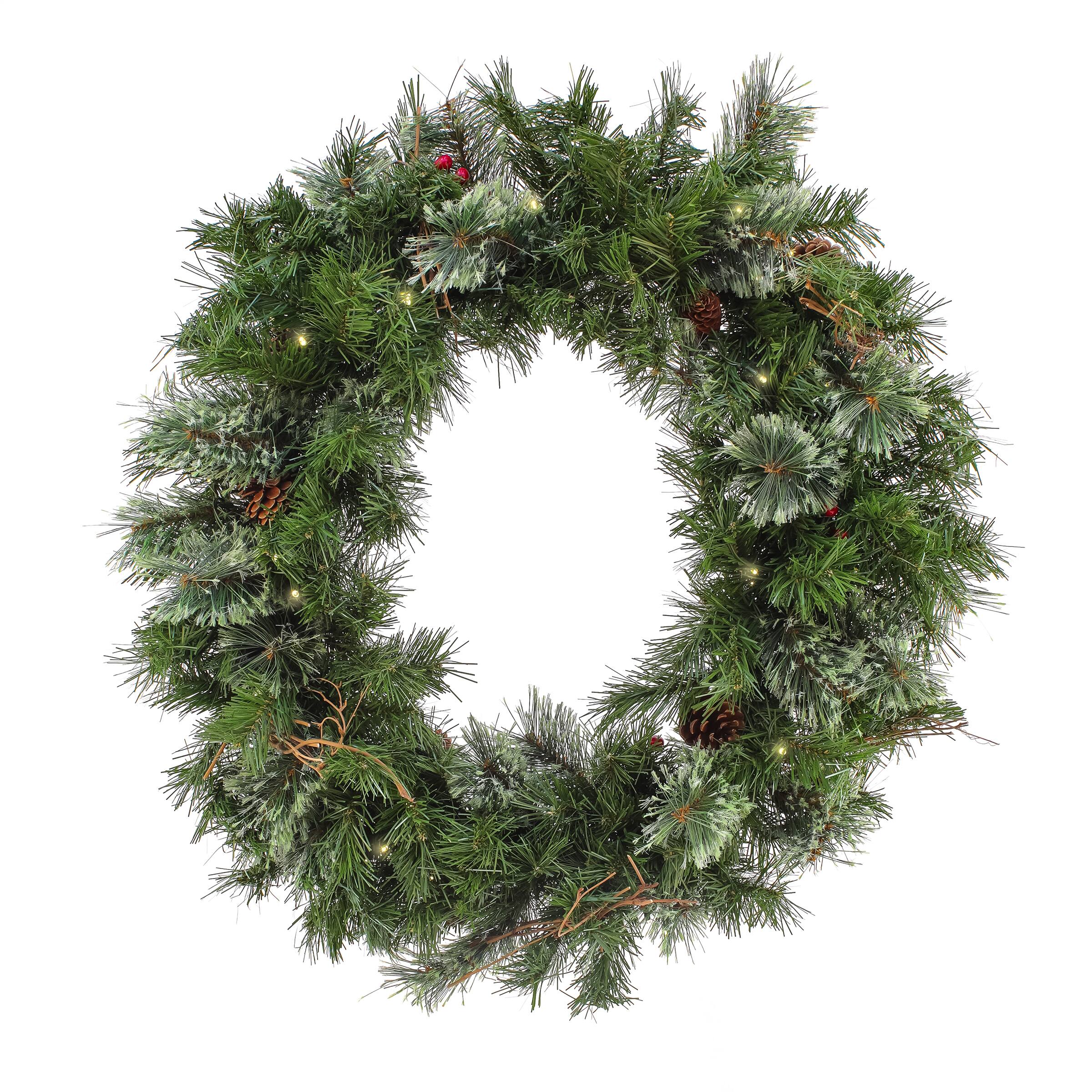 30&#x22; Pre-Lit Glistening Pine Wreath with Pinecones &#x26; Berries, Warm White LED Lights
