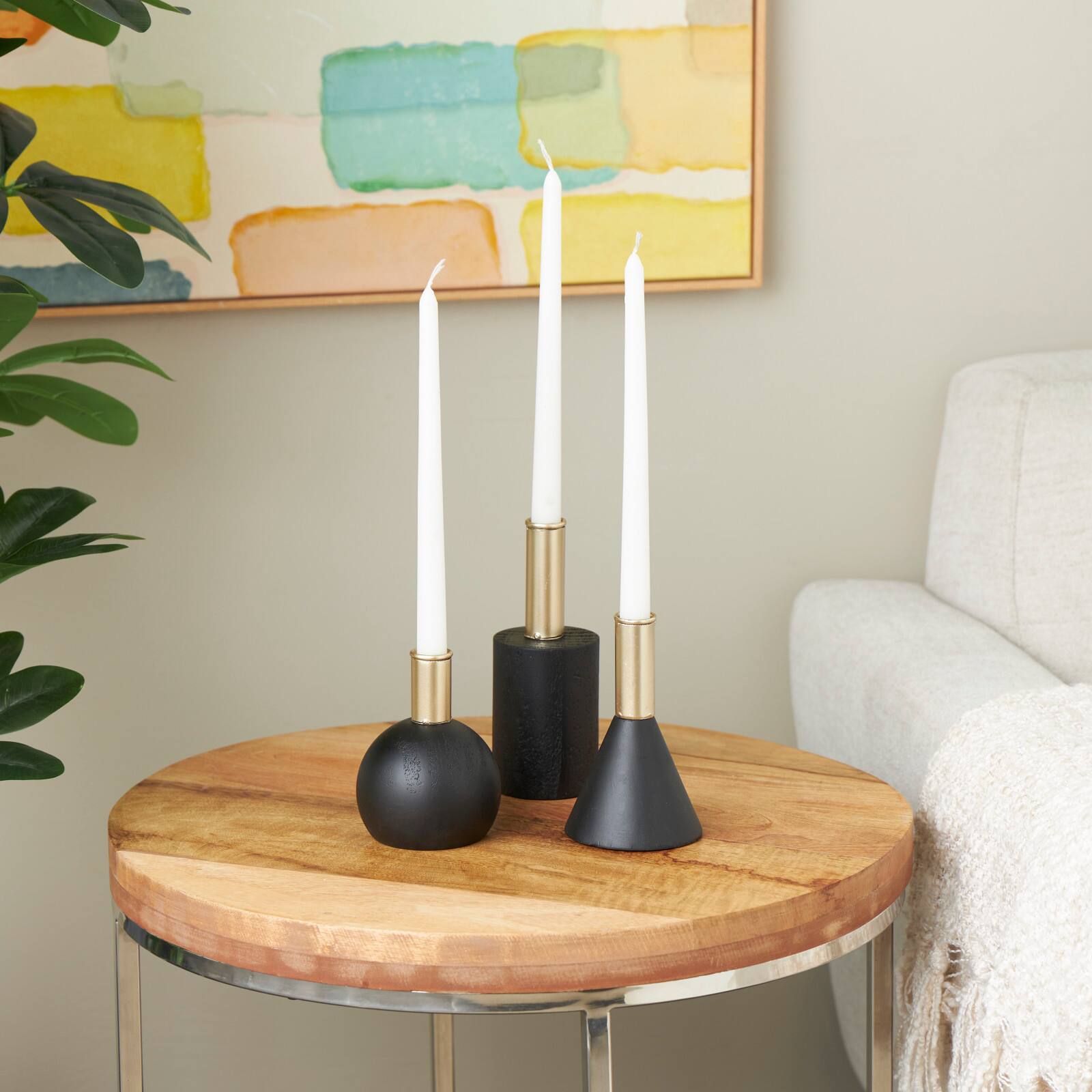 Black Wood Geometric Candle Holder Set