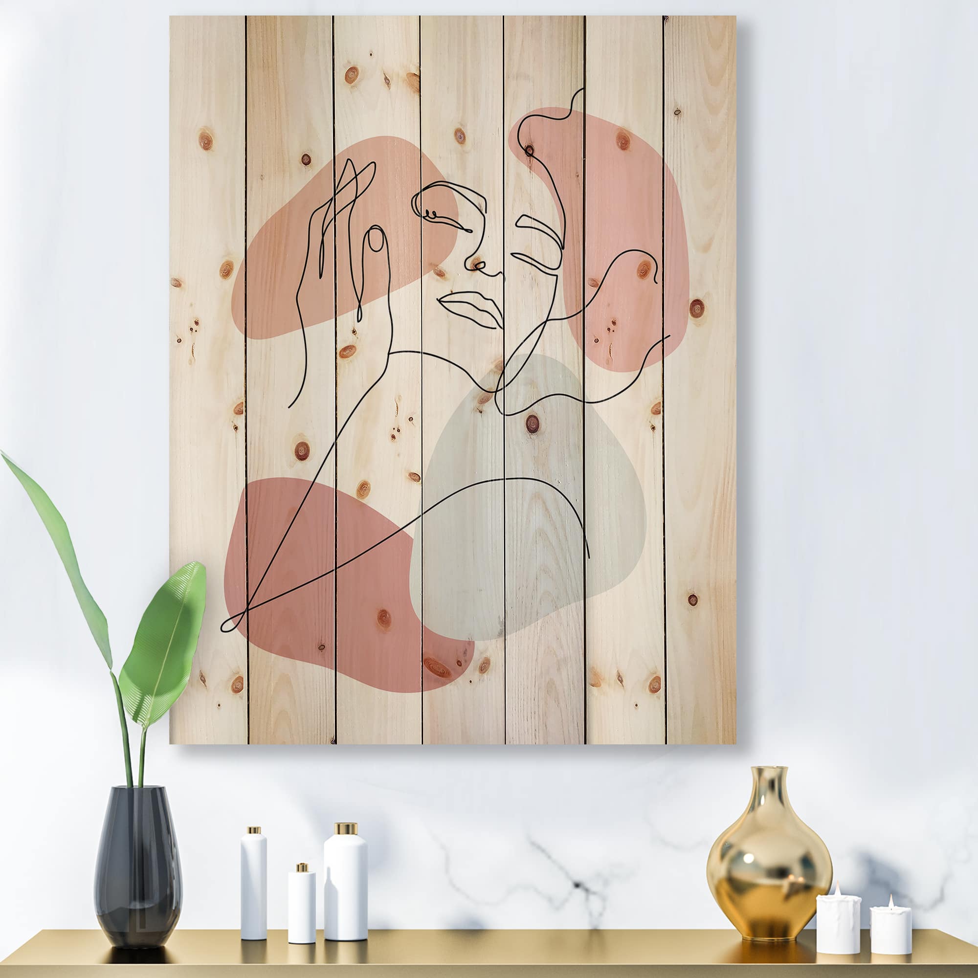 Designart - Continuous Line Portrait of Woman In - Modern Print on Natural Pine Wood