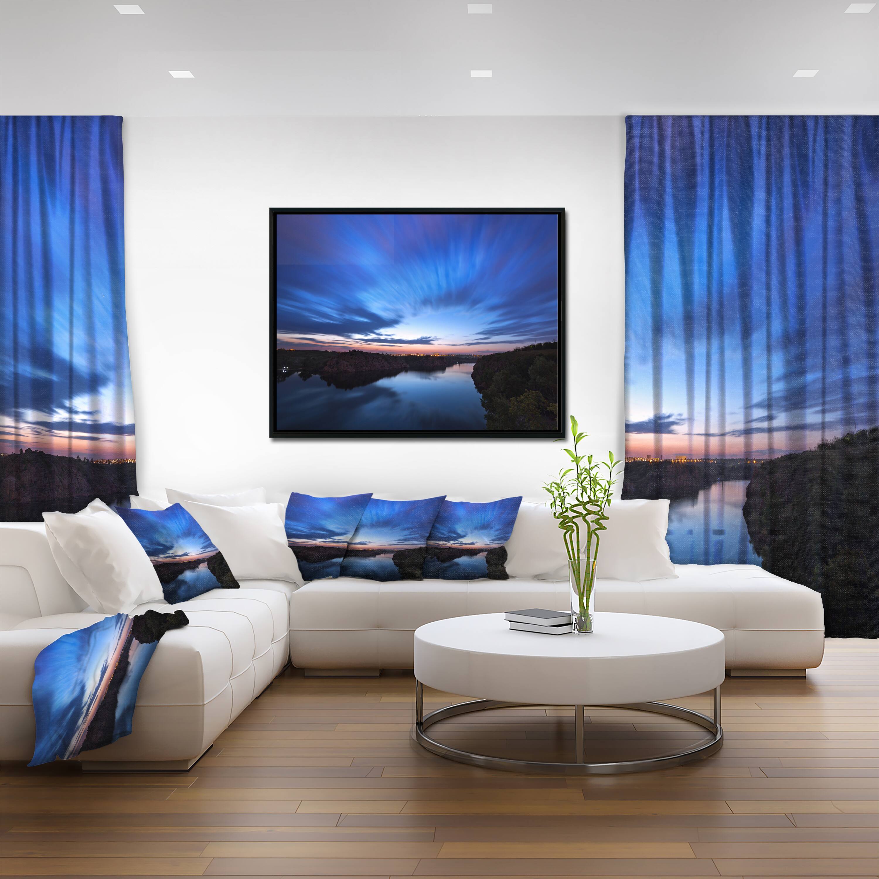 Designart - Blue Night Sky with River - Landscape Photo Canvas Art Print in Black Frame