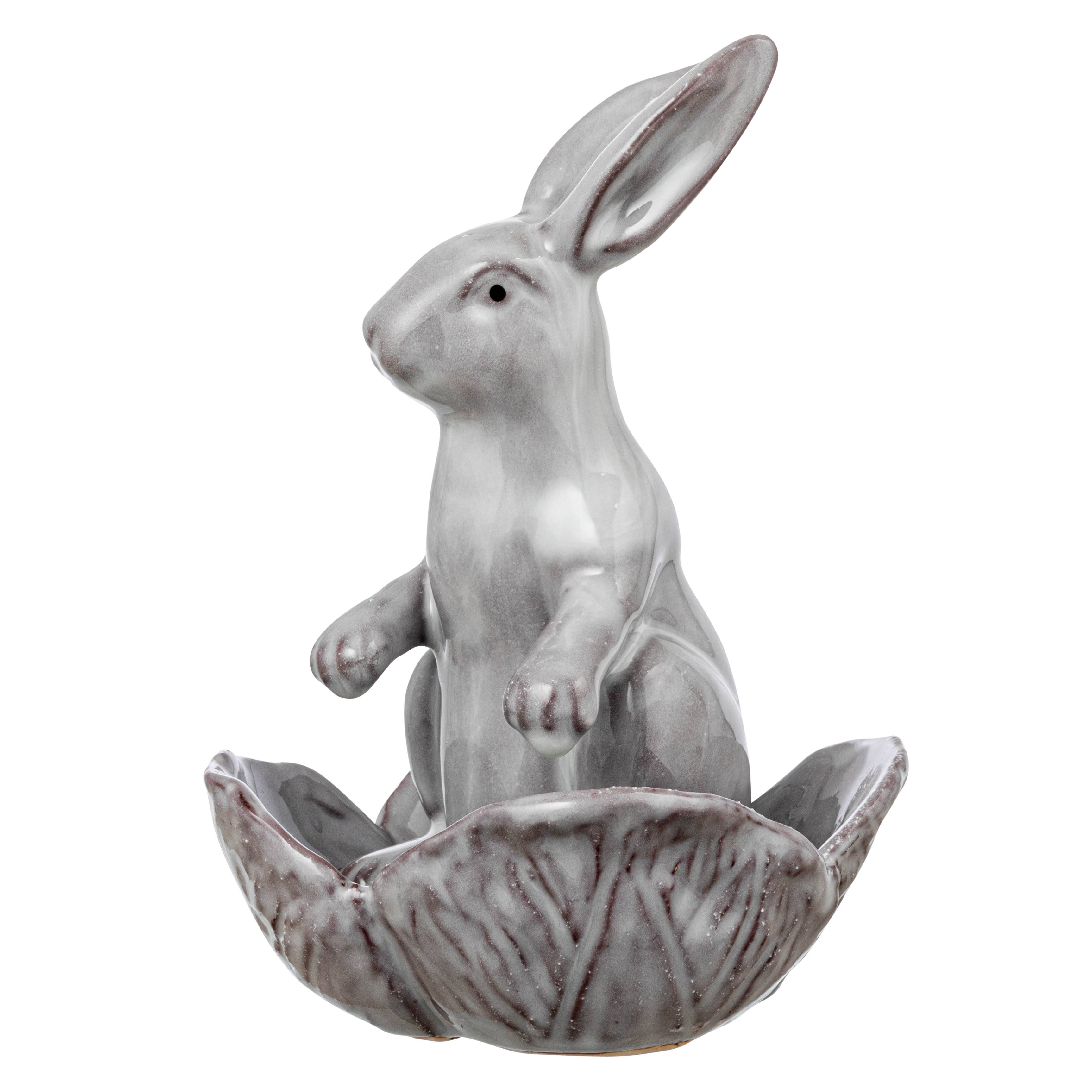 8&#x22; White Stoneware Rabbit Figurine with Flower Shaped Bowl