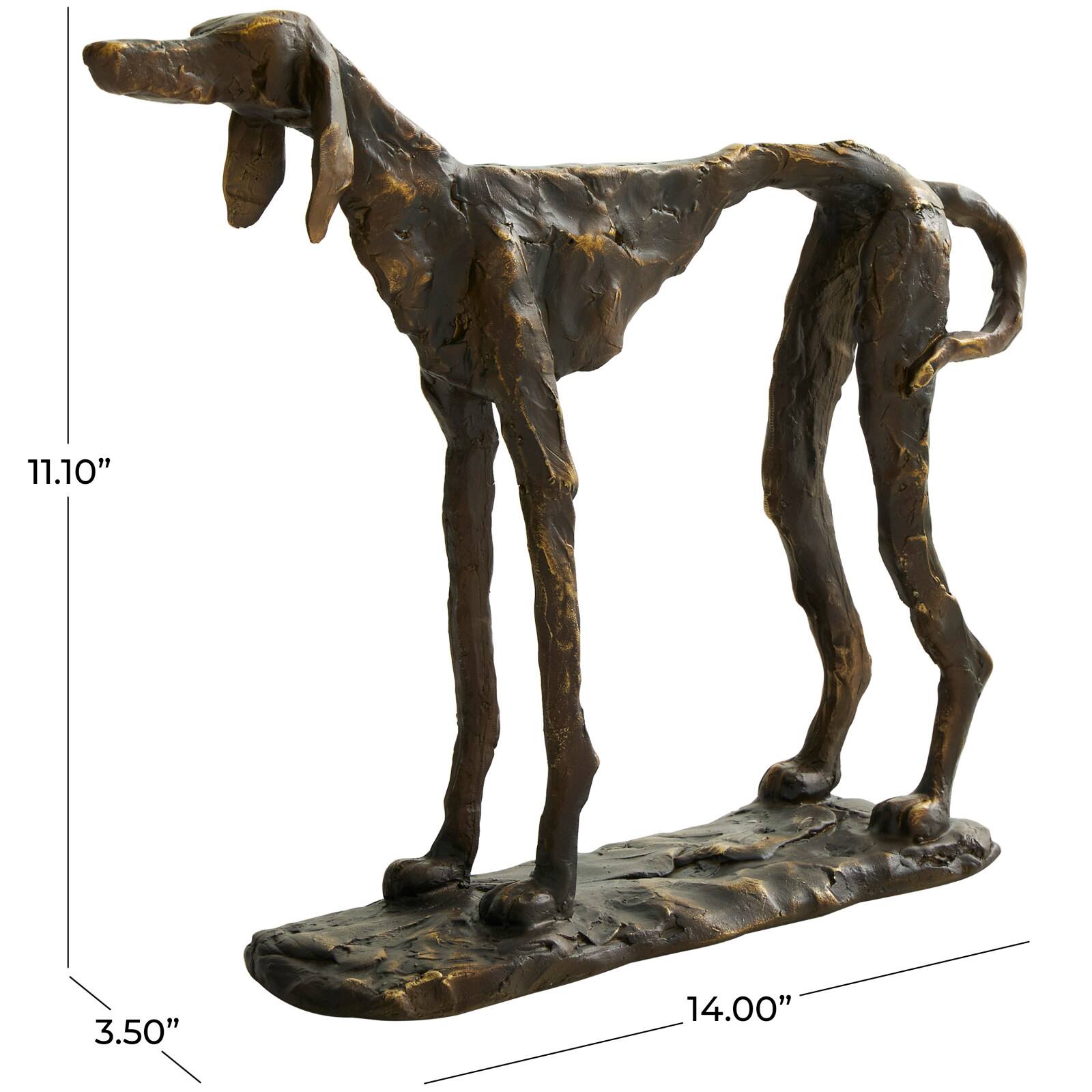 14" Bronze Polystone Distressed Slim Frame Dog Sculpture with Gold Accents