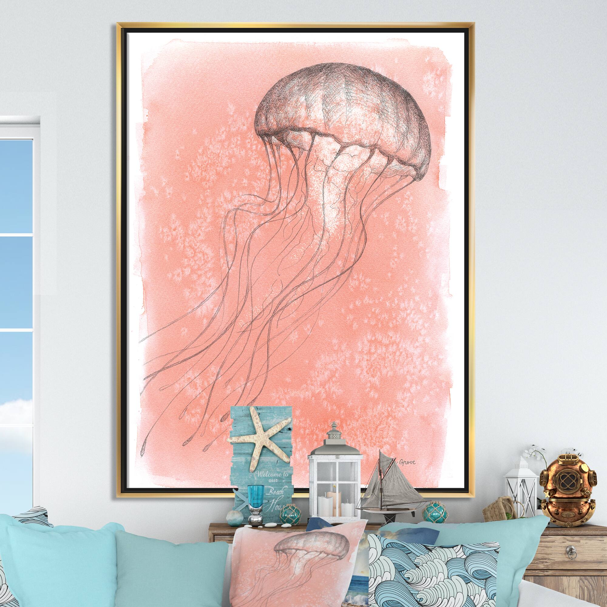 Designart - Coastal Sea Life IV jellyfish sketches - Nautical & Coastal Canvas in Gold Frame