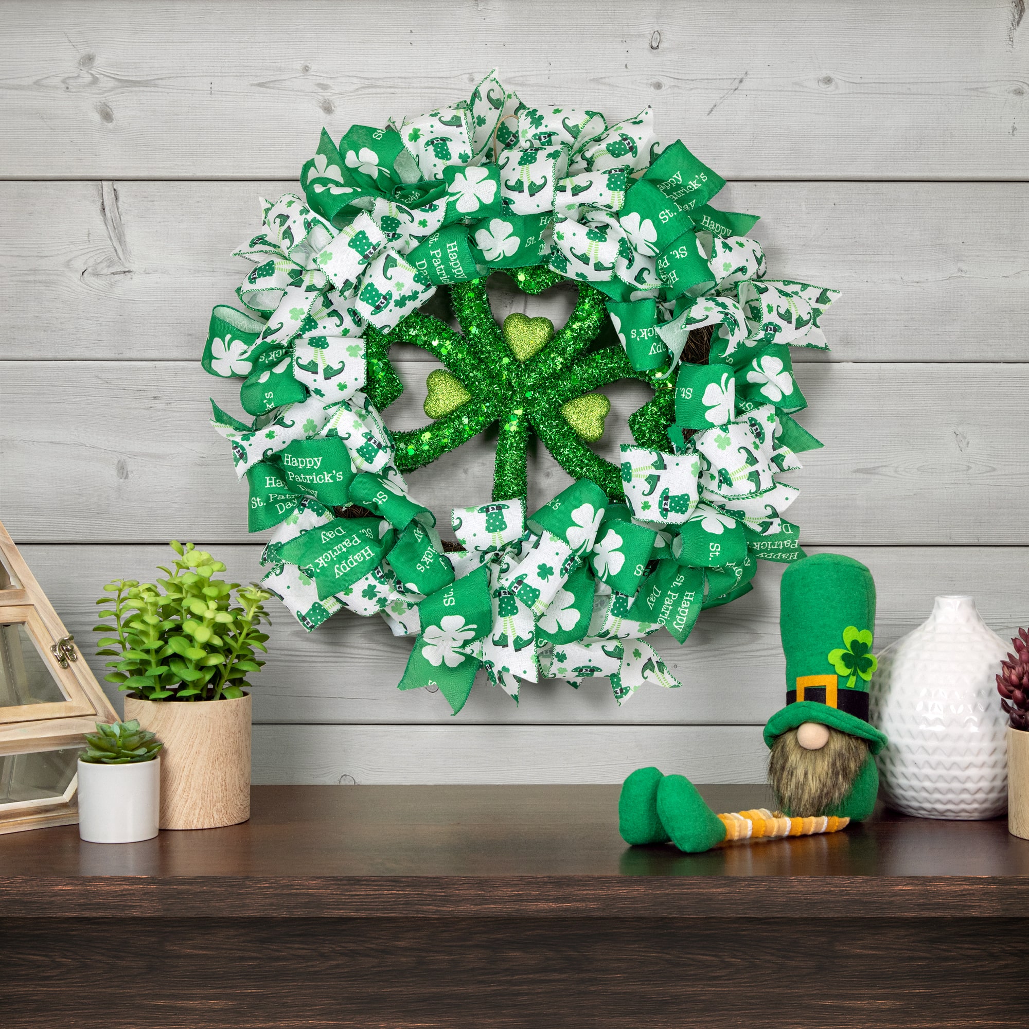 Shamrocks and Ribbons St. Patrick's Day Wreath 24" Unlit