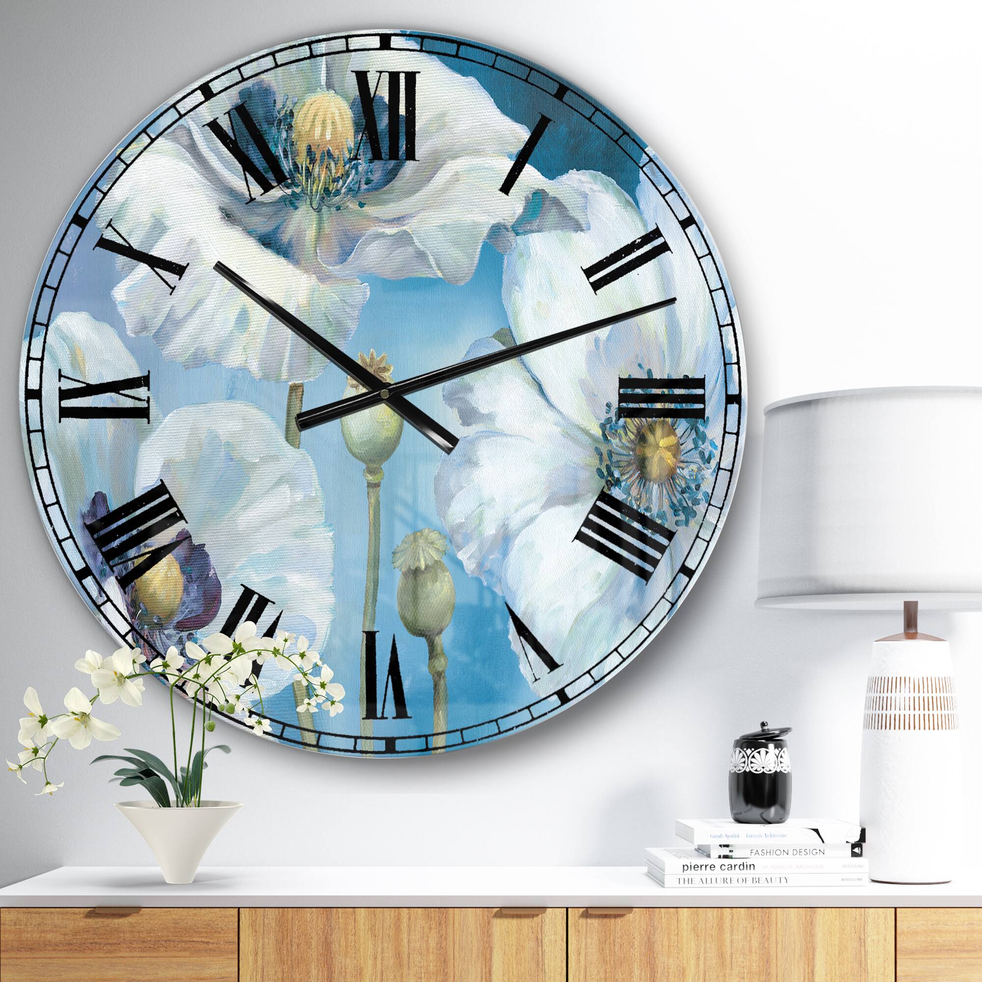 Designart 'Handpainted White Flower On Blue Ii Farmhouse Wall Clock